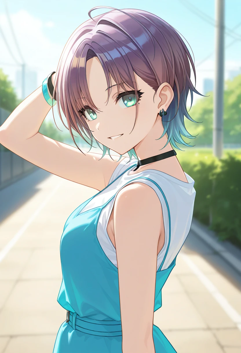  masterpiece,best quality, good quality, ,,outdoors,  shanimas,  source_anime,asakura toru, short hair, brown hair, blue hair, blue eyes, 1girl, solo, looking at viewer, ahoge, jewelry, earrings, smile, white shirt,, parted bangs, bracelet, sleeveless dress,                                                                                                                                                       