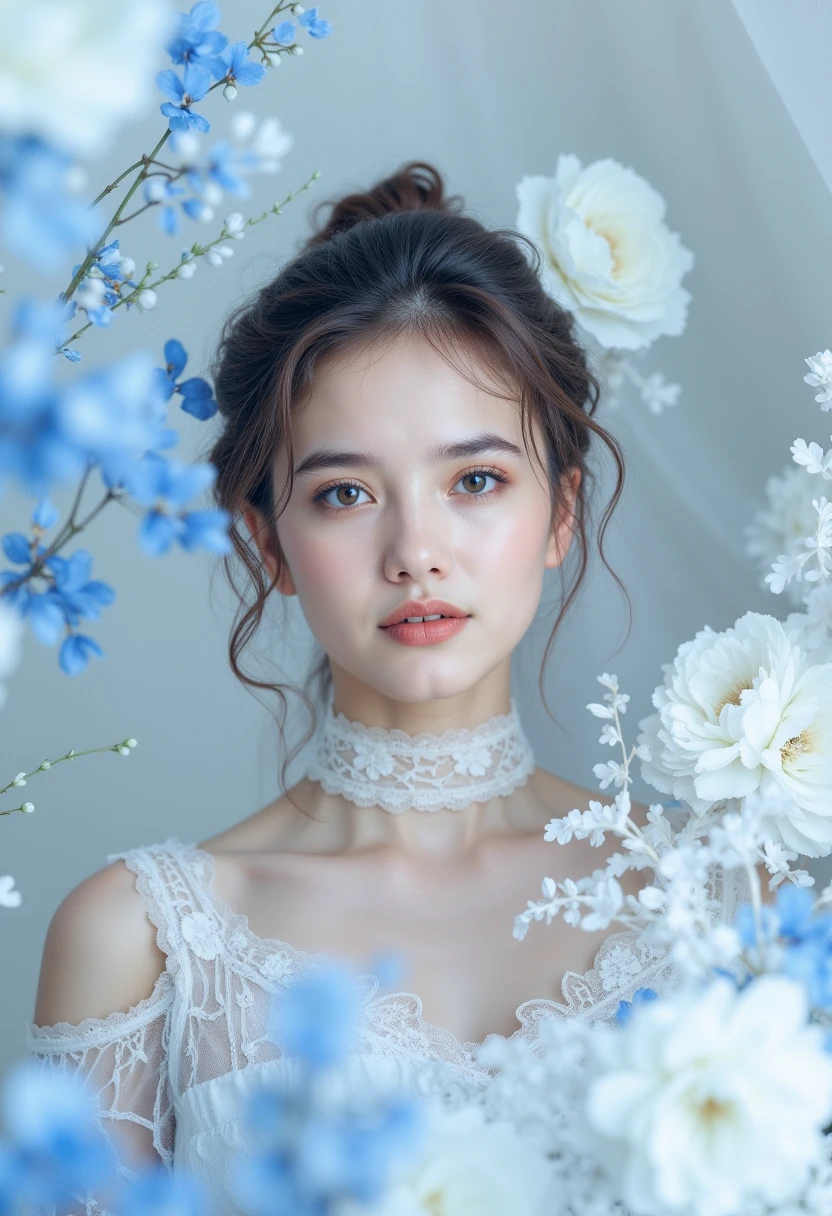 realistic, cinematic quality, play of light, gradient, glow, porcelain skin, dutch tilt, white porcelain girl with blue flowers, stunning art, abstract, floral, lace, mostly white, dynamic pose, centered, key visual image, intricate, highly detailed, breathtaking beauty, precise line drawing, vivid, all-encompassing, cinematic, still, digital art, perfect composition, soft natural volumetric cinematic perfect light, chiaroscuro, Midjourney, MJ, Midjourney style, realism, cinematic quality, play of light, gradient, glow, porcelain skin, dutch tilt, white porcelain girl with blue flowers, stunning art, abstract, floral, lace, mostly white, dynamic pose, centered, key visual image, intricate, highly detailed, breathtaking beauty, precise line drawing, vivid, all-encompassing, cinematic, still, digital art, perfect composition, soft natural volumetric cinematic perfect light, chiaroscuro, sharp focus, gorgeous colors, inspired, very inspiring, beautiful, delicate, epic, precise balance, extremely complex, elegant, creative, attractive, beautiful, passionate, inspiring, colorful, illuminated, magical, mystical, pure