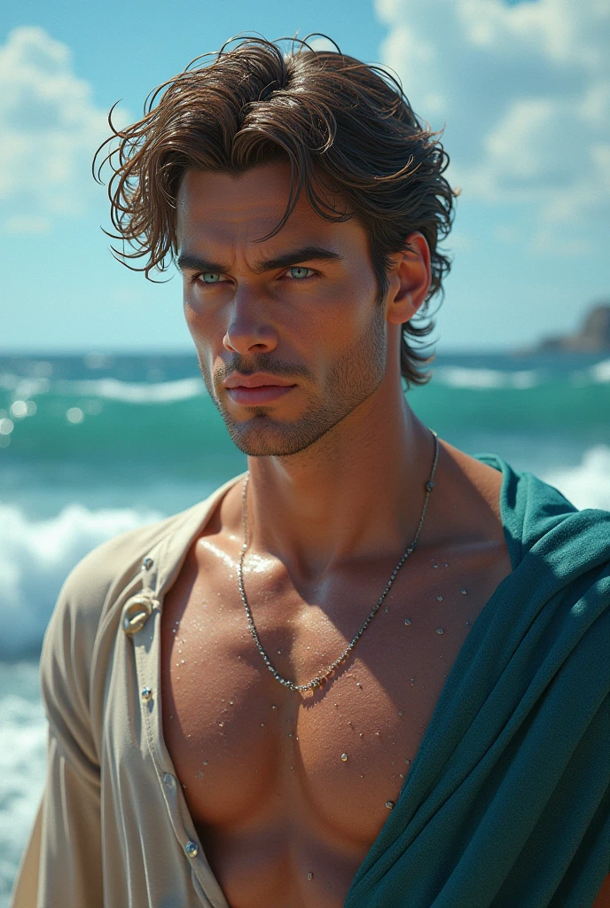 (best quality), 1boy, male, pale skin, black hair, medium hair, curtain hair, tousled hair, green eyes, perfect eyes, dark circles under eyes, handsome, strong jawline, lazy, light smile, attractive, swim trunks, beach, masterpiece, anatomically correct, highres
