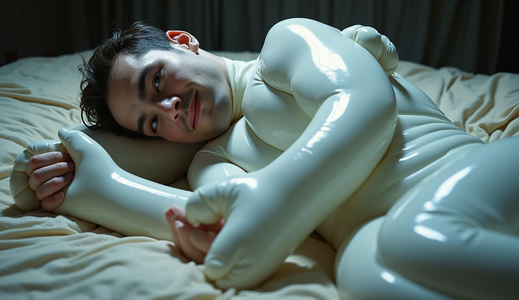 1 muscular man wrapped in rice milk cream turtleneck Slime, lying on a large white Slime bed, with a large number of white Slime bubbles on the bed, wearing sunglasses, muscle hero, Buzz Cut, tall and burly, muscular! Tall burly, sneak suit, symmetrical floral texture design thick thermal tights, sexy thick legs, super buff and cool, high resolution committee, character design (Resident Evil - Chris Redfield), rough big feet, white cotton socks, attractive strong men, warm and soft lights shining on the body