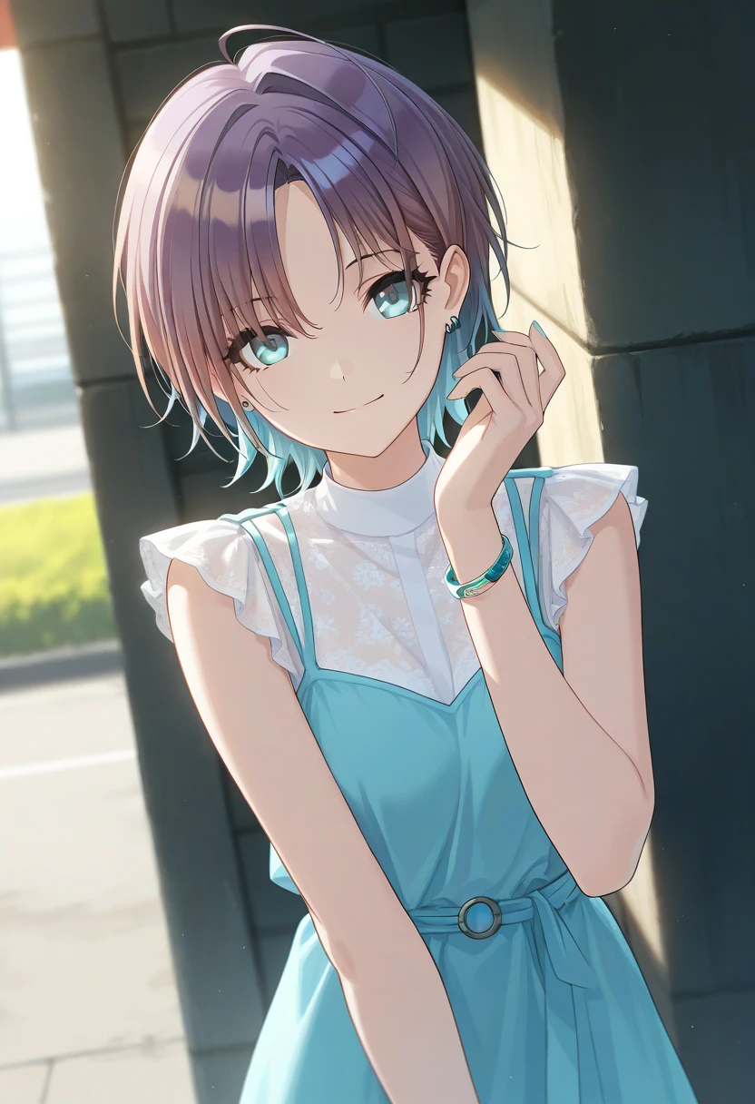  masterpiece,best quality, good quality, ,,outdoors,  shanimas,  source_anime,asakura toru, short hair, brown hair, blue hair, blue eyes, 1girl, solo, looking at viewer, ahoge, jewelry, earrings, smile, white shirt,, parted bangs, bracelet, sleeveless dress,                                                                                                                                                       