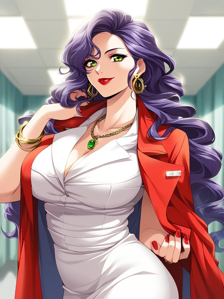  from the side 1 girl , solo, field々Mura Akiko  ,   long hair,   earrings,  purple hair,  lipstick,   makeups,   green eyes,   yellow eyes,   jewelry,  Big Breasts,  cleevidge,  necklace,  nail polish ,  bracelet, formal, suit, Red nails,  wavy hair, smile,  skirt , 
hospital, room,  Watching Viewers , 