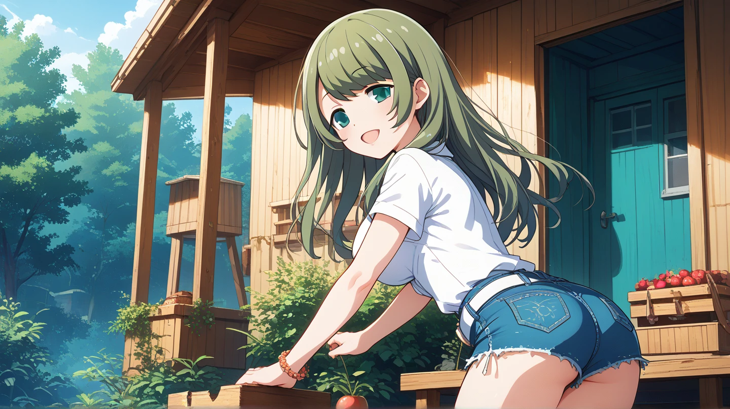 (masterpiece, best quality), highly detailed background, perfect lighting, best quality, batogakurumi, solo, looking at viewer, looking back, blush, smile, open mouth, green hair, long hair, green eyes, large breasts, collared shirt, green shirt, short sleeves, white belt, denim shorts, standing, outdoors, natural_background, cabin