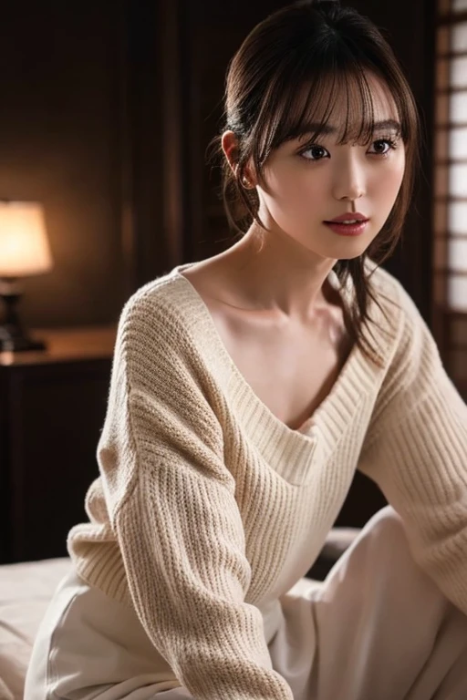 8k,  best quality , live-action,  intricate detail ,  ultra detail , ウルトラ High Resolution ,  depth field,(photo realistic, realistic:1.2),Masterpiece,4K, High Resolution ,  best quality ,  from the side 1 girl , ( very beautiful face ), Japanese , Fine Skin , ( Cinematic Lighting), clavicle,  Soft Writing ,  dynamic poses, [:( detailed face :1.2):], slender,  Pointy Brests ,backlit,  lipstick,  medium haired, full body,  skirt ,  sweater  ,  cross legs,  panties, Panties with lots of frills