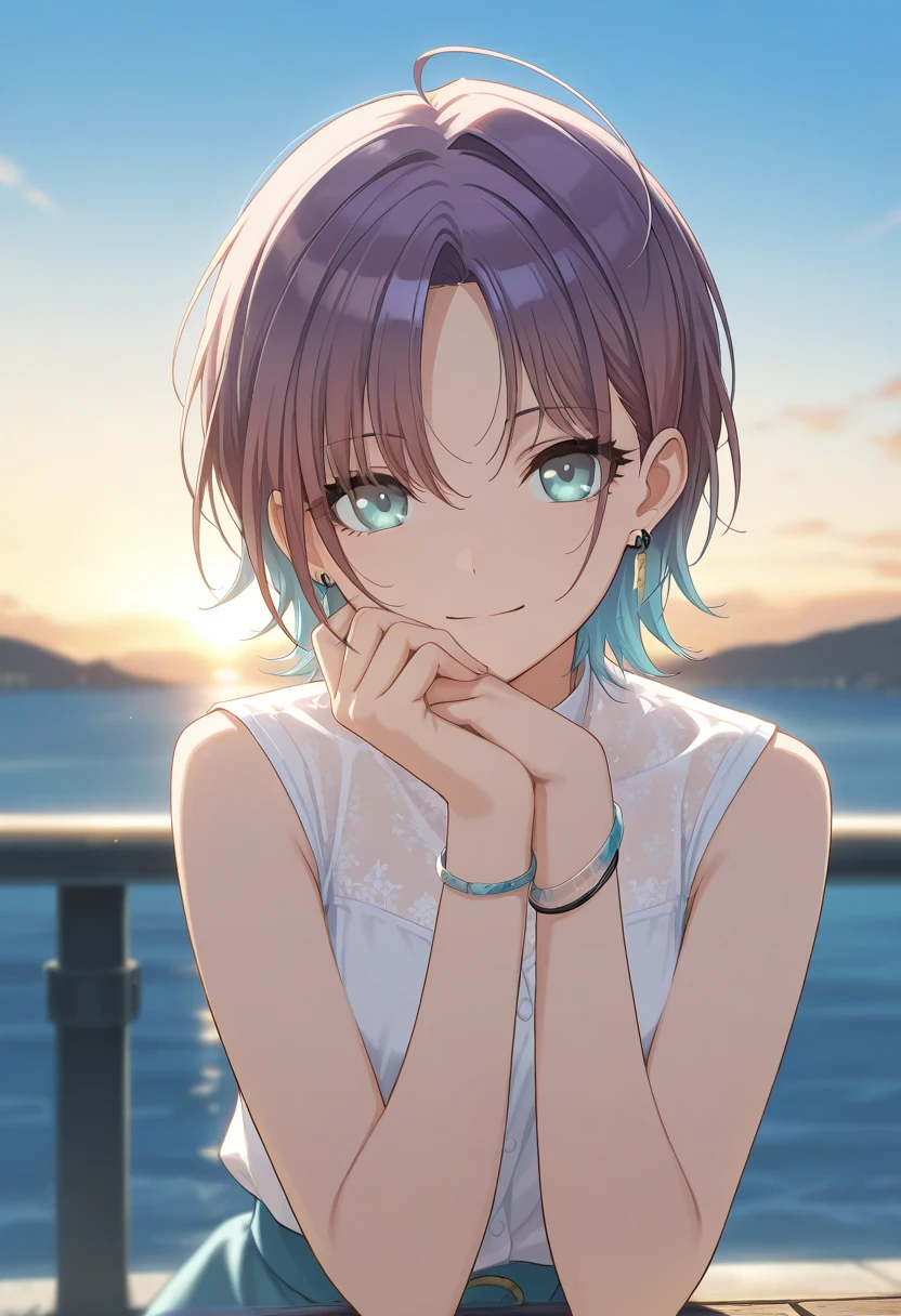  masterpiece,best quality, good quality, ,,outdoors,  shanimas,  source_anime,asakura toru, short hair, brown hair, blue hair, blue eyes, 1girl, solo, looking at viewer, ahoge, jewelry, earrings, smile, white shirt,, parted bangs, bracelet, sleeveless dress,                                                                                                                                                       