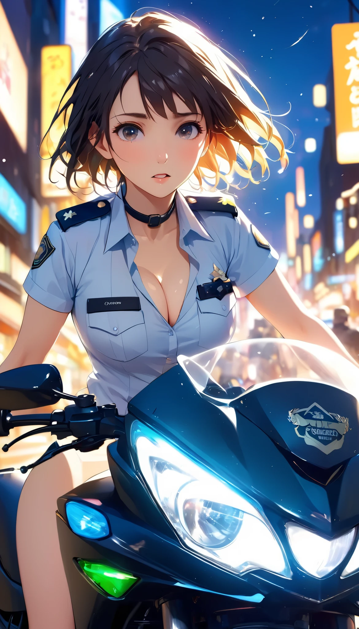 Masterpiece, high definition, illustration, Animation Style , movie style of 'your name', night , mid night , Gentle Light, Attractive light , ( 1 Woman : 1.3), (Alone: 1.4), Has long eyelashes , , nose_, open_mouth, (, , (Uplifted and well-defined bust:1.2), (lifted chest:1.2), (perky breasts :1.2),(deep cleavage:1.4),Kirarhythm, dynamic perspective , perspective , Bokeh, Depth_of_Field, from_ Down, Fantasy, Dramatic composition,,Female police officer on Kawasaki police bike conducting traffic control,