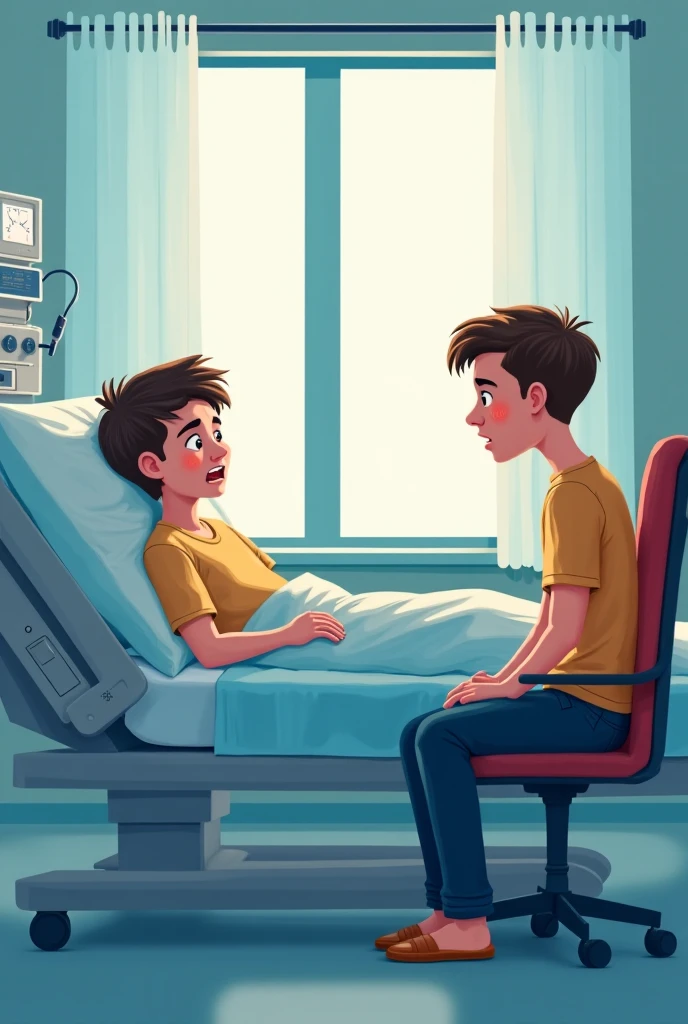 A boy, Secual is in a hospital bed due to an arm injury, He has a blue shirt with short sleeves, has a rebellious attitude. his mother a dark-skinned woman, high, A man of about 4 stands next to him and scolds him for his bad attitude..