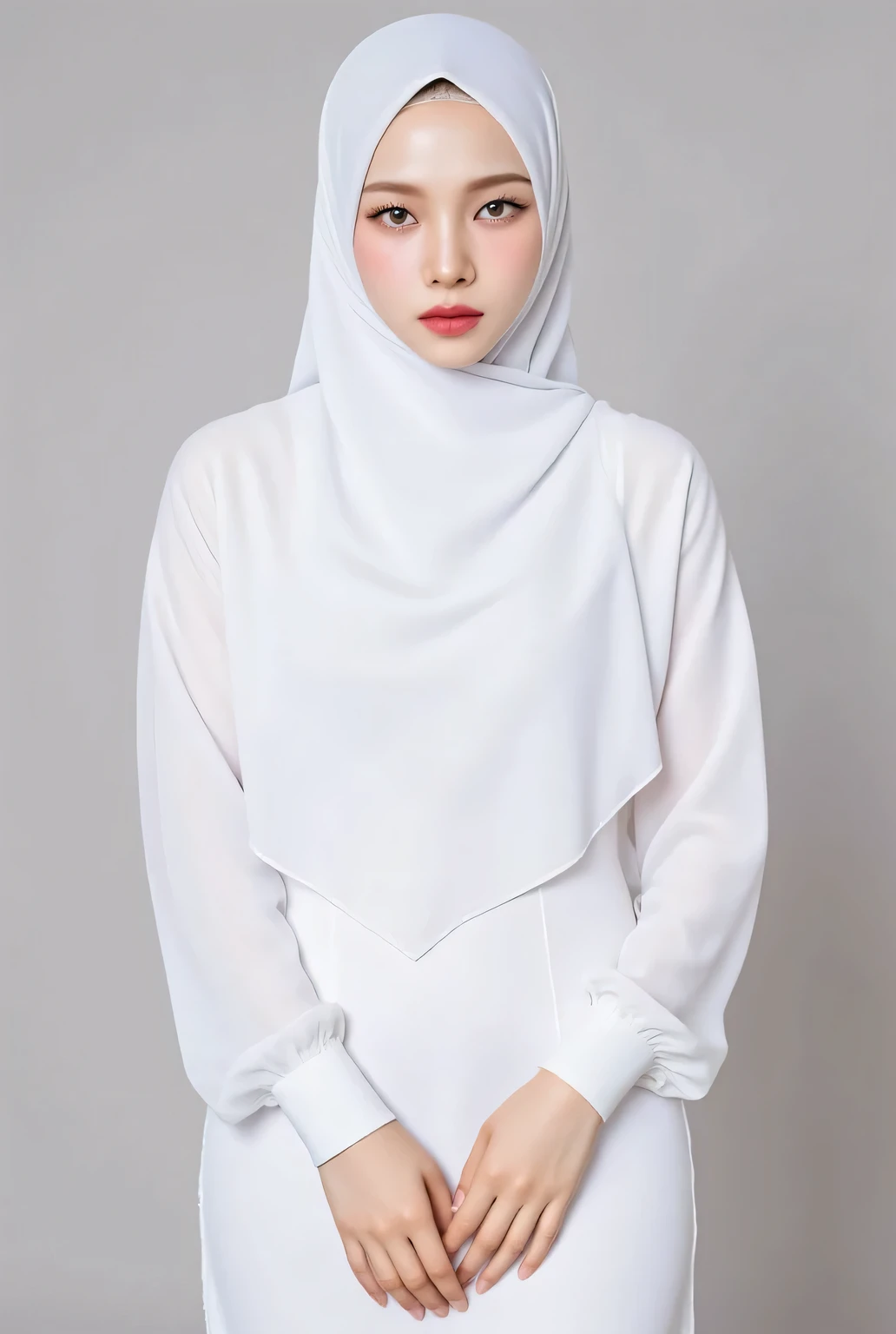  a 25 year old woman , standing facing forward,  with both hands between thighs ,  using a tight muslim dress to the feet of white,  using white hijab, dark red lips , the chest is very large until it protrudes from the shirt 