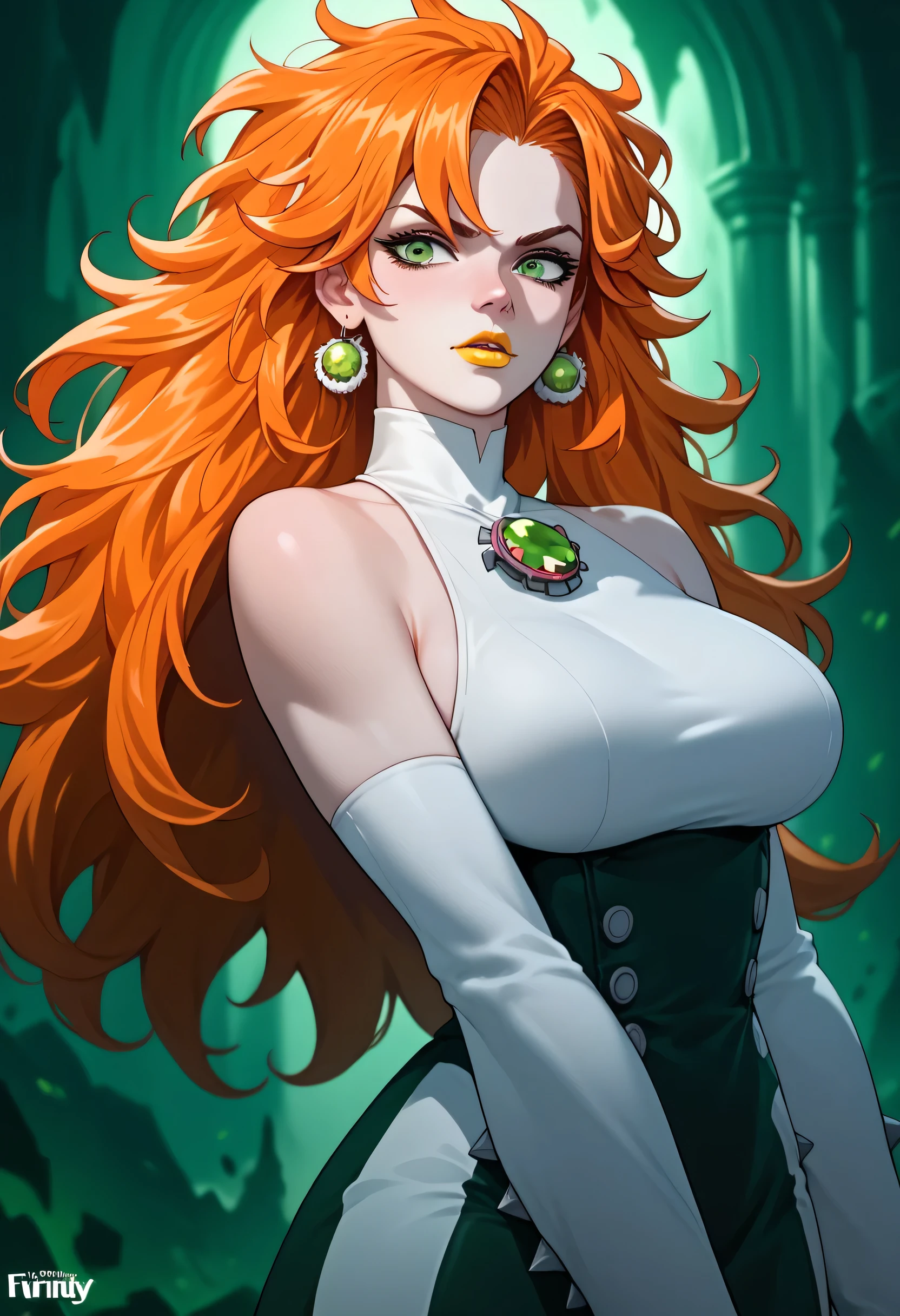 woman, big breasts, yellow lipstick, anime style, orange hair, beast, strong, white skin, loose hair, spiky hair, long hair, green eyes, wild, fierce, Wildmutt, Vulpimancer