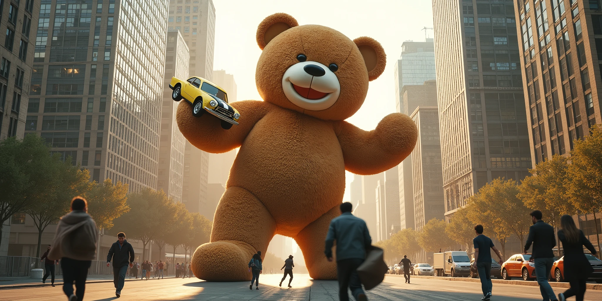 "A giant teddy bear, playfully holding a small car in its massive hands, surrounded by a bustling city. The bear, towering over the skyscrapers, gently picks up a toy-sized car as if it's a playful object, with a mischievous smile on its face. Its fluffy fur contrasts with the sleek metal and glass of the surrounding buildings. The city around it is in a state of awe and slight chaos, with people standing on sidewalks, looking up in amazement, and some running for cover. The bear's hands are large enough to grip the car like a doll, holding it high above the ground. The camera angle is low and dynamic, capturing the enormous scale of the teddy bear and the tiny car in comparison to the city’s skyline. The lighting is soft and warm, with sunlight filtering through the clouds, casting a golden glow on the scene. The atmosphere is whimsical, playful, and surreal, like a fantasy come to life, with a sense of gentle humor and innocence."