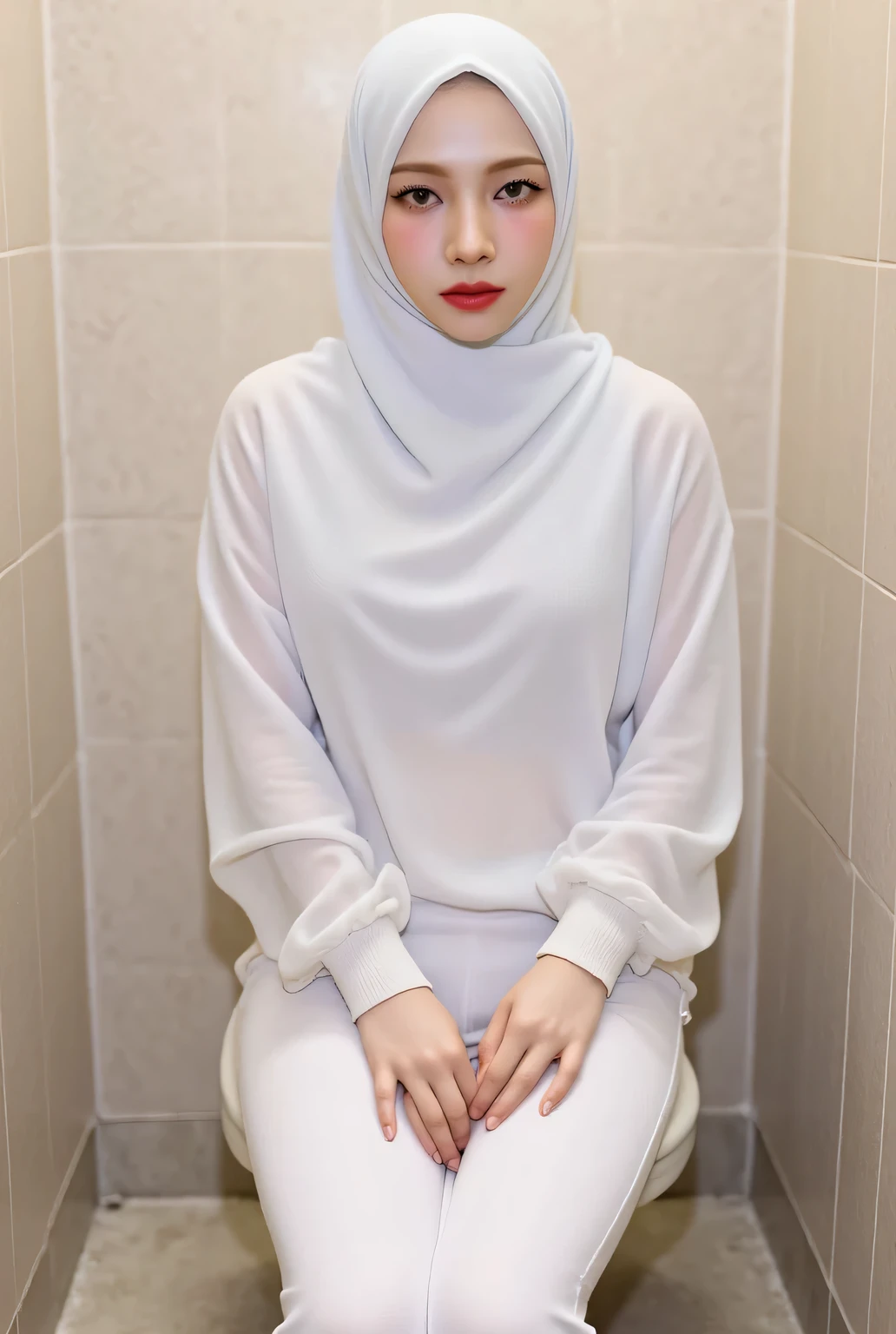  a 25 year old woman , sitting on the toilet , both legs are spread wide,  with both hands between thighs ,  using white bikini tops,  white pants,   using a hijab of white color ,  dark red lips ,  very large breasts