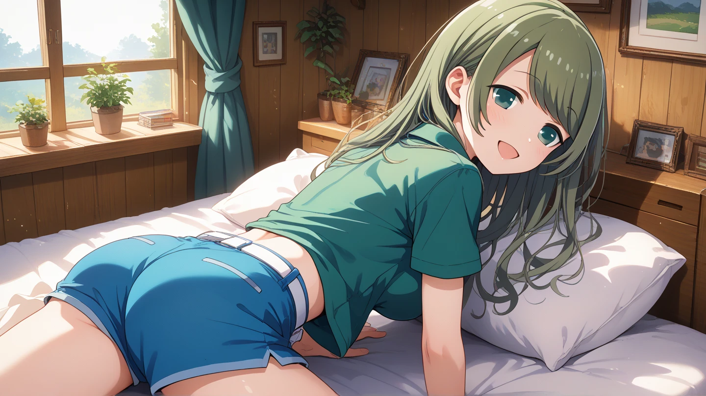 (masterpiece, best quality), highly detailed background, perfect lighting, best quality, batogakurumi, solo, looking at viewer, looking back, blush, smile, open mouth, green hair, swept bangs, long hair, green eyes, large breasts, collared shirt, green shirt, short sleeves, white belt, blue shorts, indoors, cabin, sitting, on bed, bedroom,