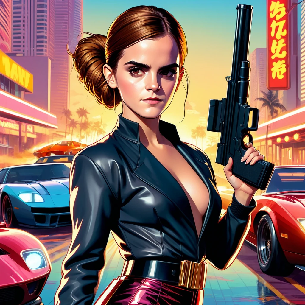 GTA pimp thug (emma watson) holding guns on a red, warm, vermillon, yellow, rose gold and copper digital cybernetic miami casino (luxurious) ((gta style)) (illustration, vector), sunny daylight, neon lights. city lights. 4k detail. ((dynamic pose, perspective angle, dynamic shot)). artwork fusion by inhyuk lee, alex ross, sorayama, artgerm and mark brooks. artstation masterpiece. creative. creative gestures. fine line watercolor wash and oil paint. cinematic composition. comic-ish. realistic face. accurate hand grip. (need for speed modern cars in background). accurate proportions. smooth, (Vector:0.8)