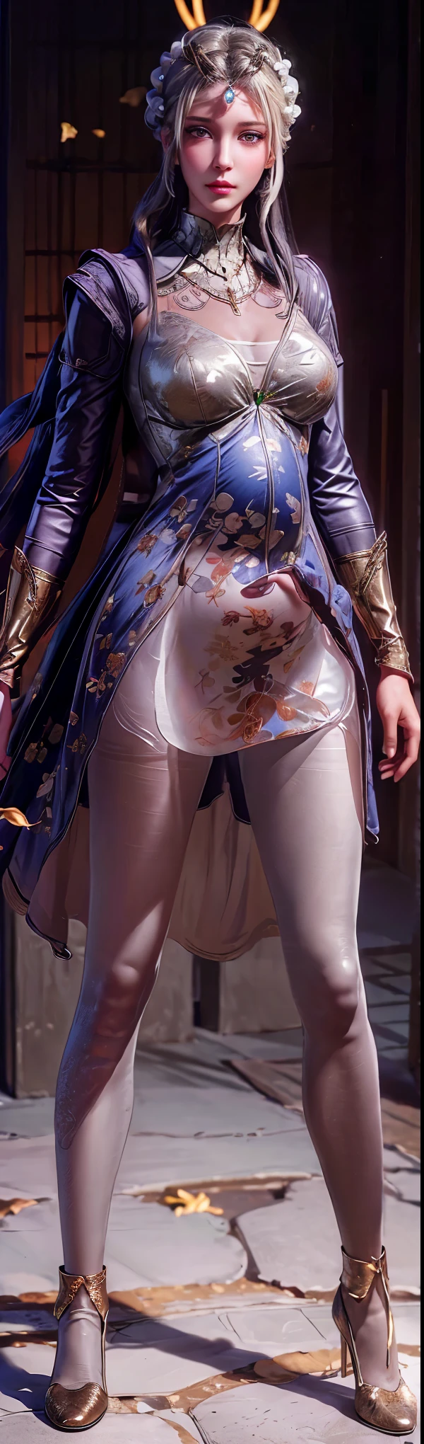 ((top quality, 8k, masterpiece: 1.3)), Solo, light blonde hair, blonde hair, breasts, open eyes, split sleeves, skinny, transparent, dress, transparent panties, twisted braid, long braid, jewelry, gold accessories, gorgeous accessories, complex, delicate lips, long hair, medium breasts, outdoor, closed lips, petals, peach blossoms, luxury, jewelry, diamond, gold, pearl, gem, sapphire, ruby, emerald, intricate detail, delicate pattern, charming, alluring, seductive, erotic, enchanting, hair ornament, necklace, earrings, bracelet, armlet,halo,autumn leaves, (slender figure: 1.2), dark brown hair, (outdoor, shirt, shorts: 1.1), ultra detailed face, detailed lips, detailed eyes, double eyelids, (huge breasts: 1.2), (huge pregnant:1.3), ((white pantyhose:1.4)), (((natural pose)))