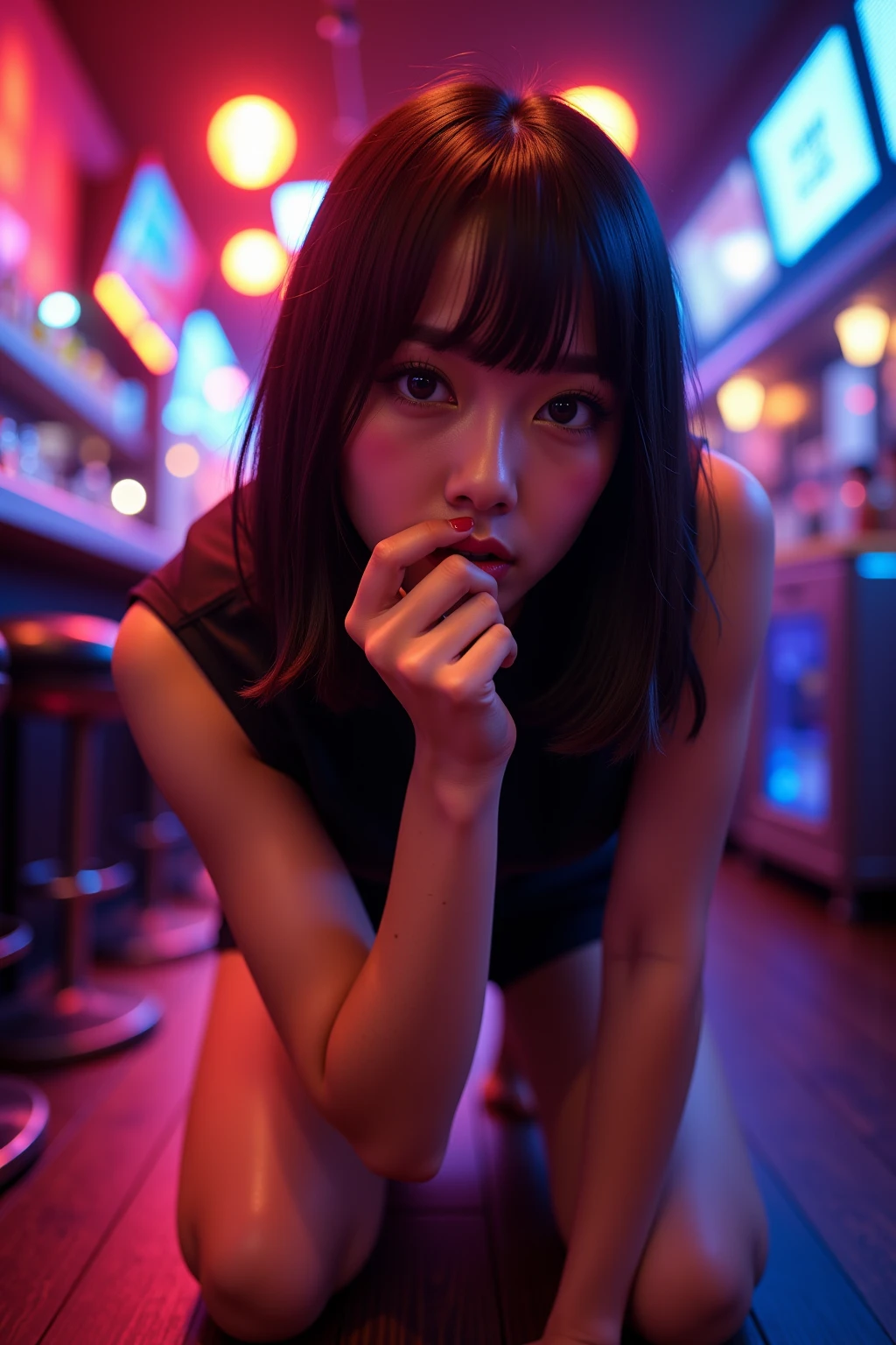 Inside Nightclub, (Raw photo: 1.2), of the highest quality, Beautiful detailed girl,  japanese,18years old,BREAK,(fellatio gesture:1.5),BREAK,(Lightly squeezed hand in front of mouth:1.5),BREAK,(Squint your eyes
,chuckle,erotick eyes,seductive eyes,stick out tongue ,long tongue,front lighting,:1.3),not too long tongue,BREAK,,(Lightly squeezed hand in front of mouth:1.5), very thin body,High resolution,allfours,8K Wallpaper,Highly detailed eyes and face, Beautiful detailed eyes, Fine detail, Highly detailed ticker uniform 8K wallpaper, Light on Face, Sexy Pose, (Photorealism: 1.4),bright place, From below, Super Detail, masterpiece,  On all fours,looking up,spot lighting,e,front lighting,,not open eyes large,Luminous and colorful lighting setup for model photography,lens flare,, cinematic lighting, ray tracing,(not bad anatomy:1.3)