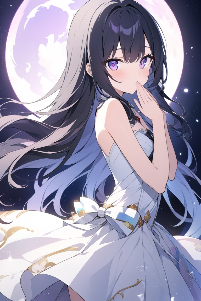 Anime style, tall, skinny ,  Violet Evergarden style  (masterpiece), super beautiful, shiny long straight hair (high quality), (beautifully detailed face), (beautifully detailed eyes)), (beautiful and beautiful hands), (high definition CG)), ((8k_wallpaper)), breathtakingly beautiful. Long flowing black hair gracefully flows down her back, wrapped in a soft and otherworldly glow - embodying the essence of heavenly grace and elusive charm. I think I have created a fantastic image that brings out the beauty and mysterious charm of Princess Kaguya. One girl, purple eyes, lens flare, high resolution, multiple awards, high quality model, high quality In the background, a fantastic sun and full moon line up, and a beautiful woman with her hands together in prayer. In the background, a fantastic sun and full moon line up, and a beautiful woman 1人の女の子,  black hair,  touch very long hair ,  close your mouth, I am praying、Princess Kaguya、moon、 moon、 glitter effect, Purple lighting、 is shining、