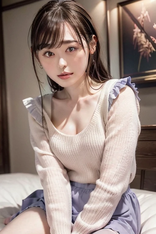 8k,  best quality , live-action,  intricate detail ,  ultra detail , ウルトラ High Resolution ,  depth field,(photo realistic, realistic:1.2),Masterpiece,4K, High Resolution ,  best quality ,  from the side 1 girl , ( very beautiful face ), Japanese , Fine Skin , ( Cinematic Lighting), clavicle,  Soft Writing ,  dynamic poses, [:( detailed face :1.2):], slender,  Pointy Brests ,backlit,  lipstick,  medium haired, full body,  skirt ,  sweater  ,  cross legs,  panties, Panties with lots of frills