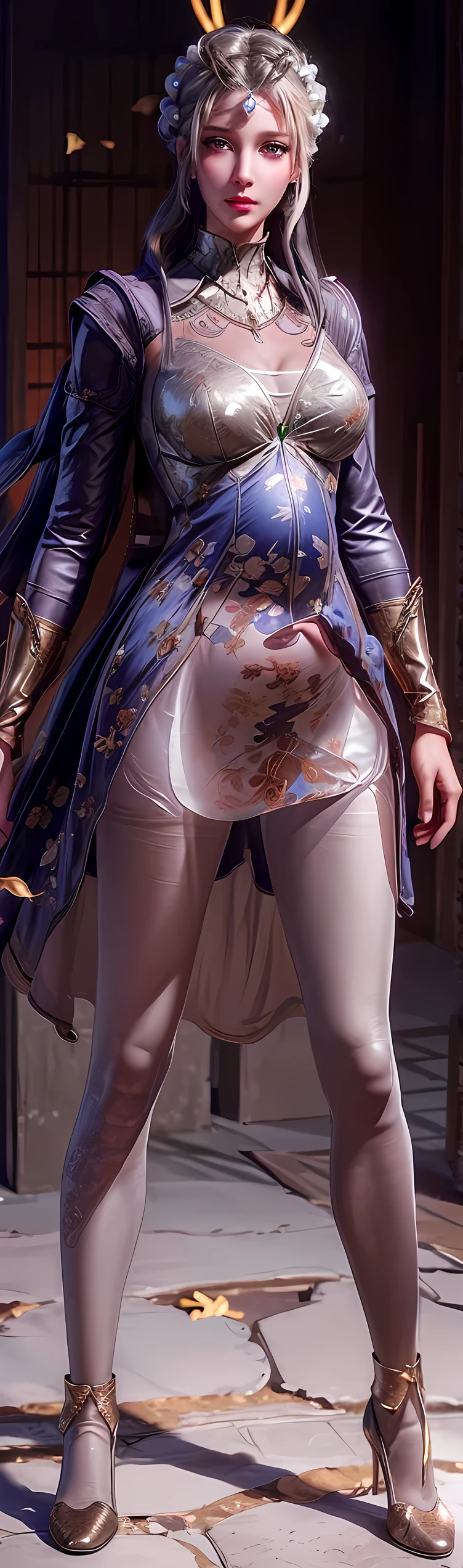 ((top quality, 8k, masterpiece: 1.3)), Solo, light blonde hair, blonde hair, breasts, open eyes, split sleeves, skinny, transparent, dress, transparent panties, twisted braid, long braid, jewelry, gold accessories, gorgeous accessories, complex, delicate lips, long hair, medium breasts, outdoor, closed lips, petals, peach blossoms, luxury, jewelry, diamond, gold, pearl, gem, sapphire, ruby, emerald, intricate detail, delicate pattern, charming, alluring, seductive, erotic, enchanting, hair ornament, necklace, earrings, bracelet, armlet,halo,autumn leaves, (slender figure: 1.2), dark brown hair, (outdoor, shirt, shorts: 1.1), ultra detailed face, detailed lips, detailed eyes, double eyelids, (huge breasts: 1.2), (huge pregnant:1.3), ((white pantyhose:1.4)), (((natural pose)))