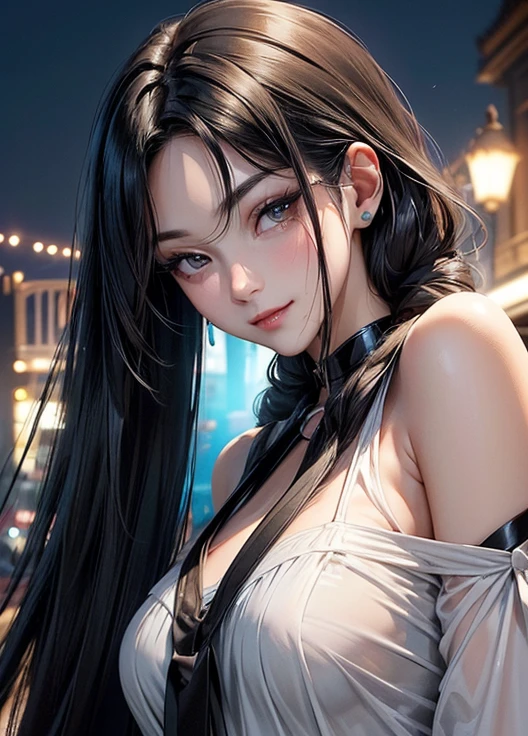 8K, RAW Photos, Realistic: 1.25), (Lip gloss, eyelash, Glossy face, Shiny skin, Highest quality, Ultra-high resolution, Depth of written boundary, chromatic aberration, Caustics, Moisturized lips, Super Trimmed Face, Sparkling, detailed eyes, Black Hair, semi-long, fashionable, Tight knit dress, thin