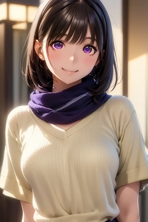 High resolution,In 8K,highest quality,detailed,Semi-realistic anime,Anime 3D Style,Smooth anime CG,One Girl,19-year-old woman in Japan,slim,Modeled,Shiny brown hair,Medium Hair,detailedな顔,Beautiful and detailed,Glowing Skin,Long sleeve sweatshirt,straggling hair,Angelic hairstyle,((Deep violet sparkling eyes)),(Small breasts),((Open your mouth)),((A smile full of joy))