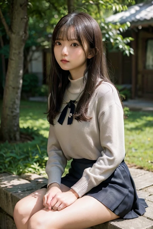 8k,  best quality , live-action,  intricate detail ,  ultra detail , ウルトラ High Resolution ,  depth field,(photo realistic, realistic:1.2),Masterpiece,4K, High Resolution ,  best quality ,  from the side 1 girl , ( very beautiful face ), Japanese , Fine Skin , ( cinematic lighting blowing in the wind), clavicle,  Soft Writing ,  dynamic poses, [:( detailed face :1.2):], slender,  Pointy Brests ,backlit,  lipstick,  medium haired, full body,  skirt ,  sweater  ,  cross legs,  panties, Panties with lots of frills