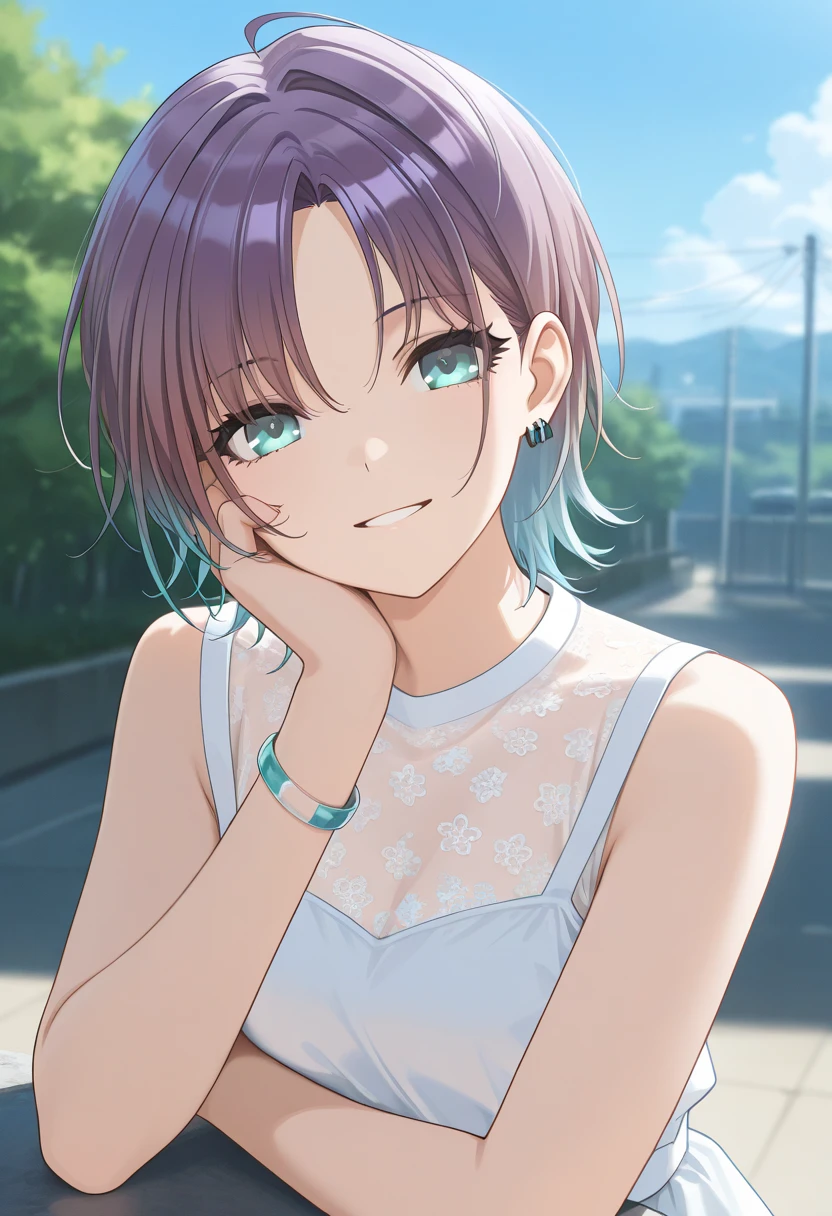 masterpiece,best quality, good quality, ,,outdoors,  shanimas,  source_anime,asakura toru, short hair, brown hair, blue hair, blue eyes, 1girl, solo, looking at viewer, ahoge, jewelry, earrings, smile, white shirt,, parted bangs, bracelet, sleeveless dress, 