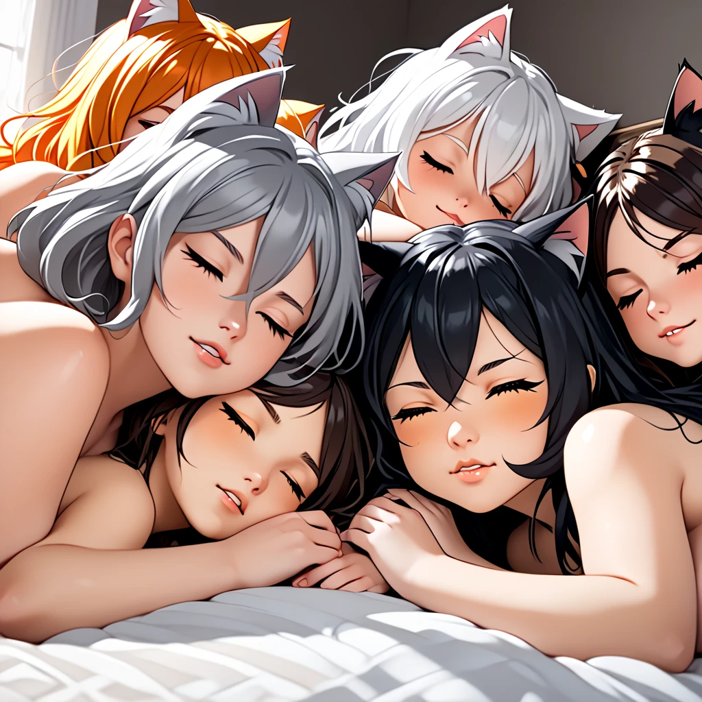 Close up view of five catgirls, one adult mother with white hair, one young girl sharp eyed black hair, one cute girl dark gray hair, one orange haired chubby girl, one brunette girl sprawling, all eyes closed, everyone have cat ears with respective hair colors, twitching ears movement lines. sleeping tightly, naked under bed sheet. 