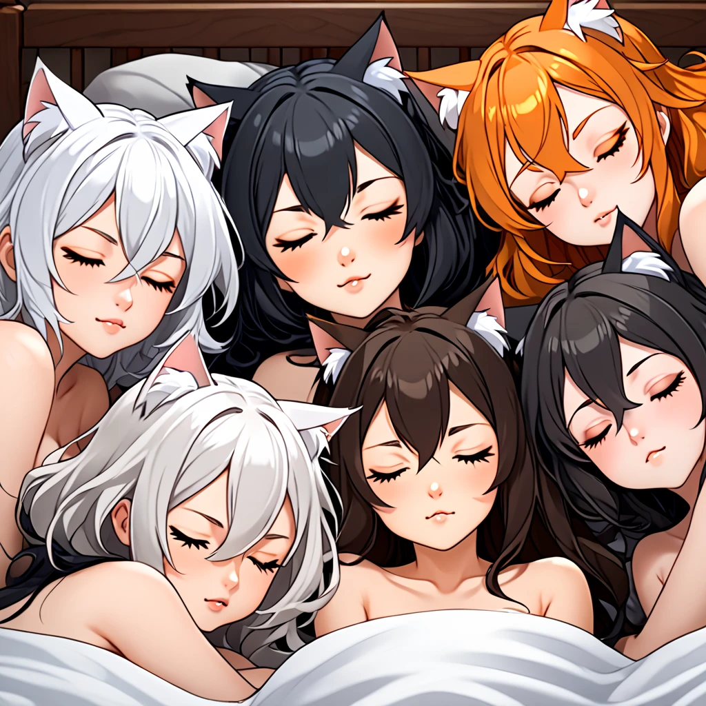 Close up view of five catgirls, one adult mother with white hair, one young girl sharp eyed black hair, one cute girl dark gray hair, one orange haired chubby girl, one brunette girl sprawling, all eyes closed, everyone have cat ears with respective hair colors, twitching ears movement lines. sleeping tightly, naked under bed sheet. 