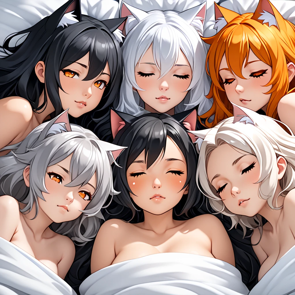 Close up view of five catgirls, one adult mother with white hair, one young girl sharp eyed black hair, one cute girl dark gray hair, one orange haired chubby girl, one brunette girl sprawling, all eyes closed, everyone have cat ears with respective hair colors, twitching ears movement lines. sleeping tightly, naked under bed sheet. 