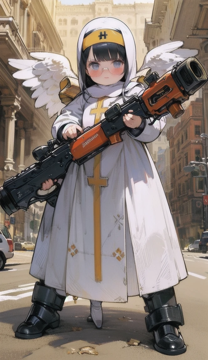 1  woman, High Definition Art , girl in armor ,  armor,  full body, black armor, Image of an angel,  (veiled nun), (exoskeleton:1.3), aiming a flintlock rifle at viewers,   combat stance, flintlock rifle