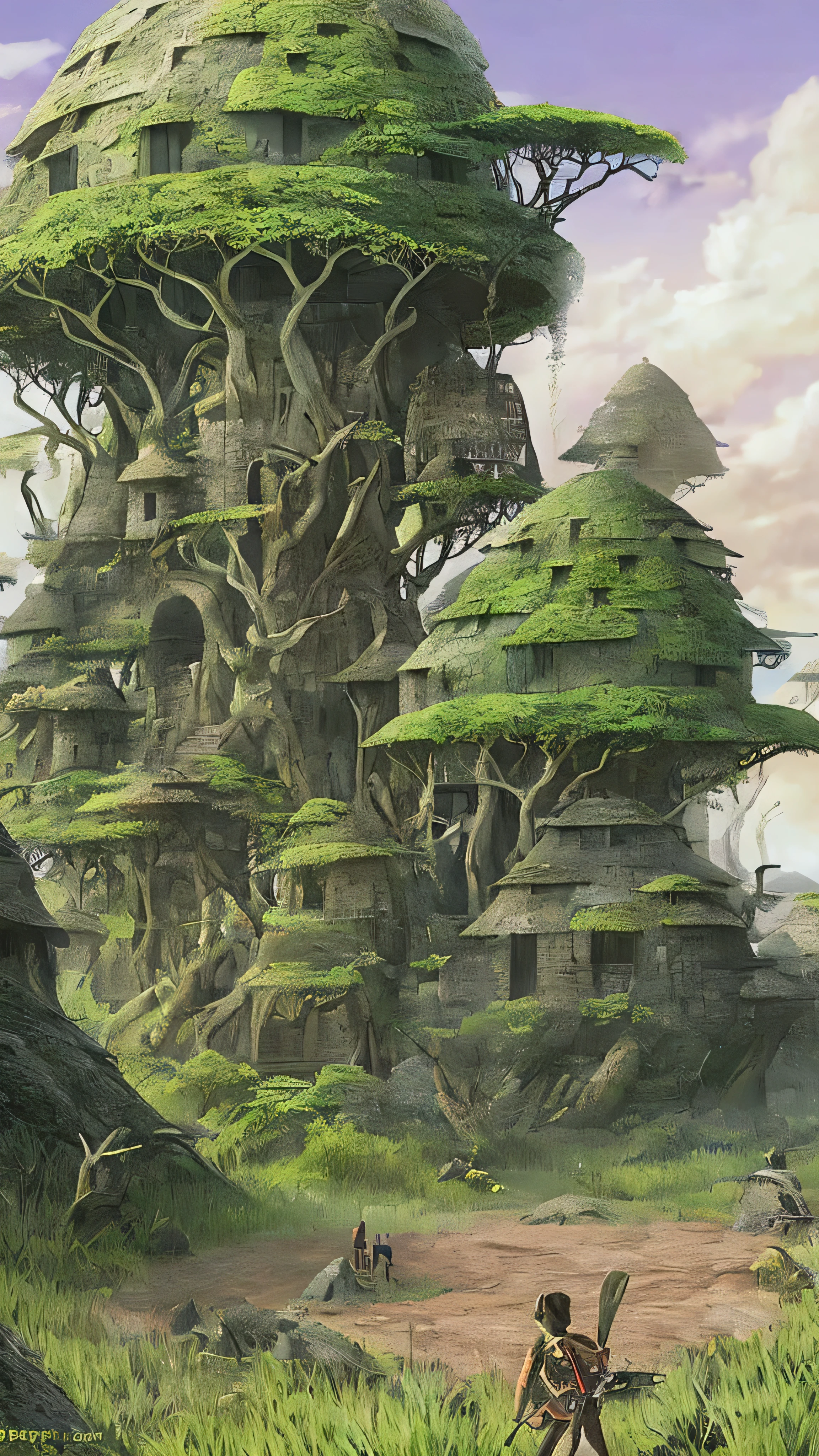 nature,   open field ,   high fantasy, Dark fantasy, Some primitive tribal residences