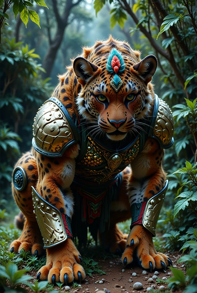 "Imagine a Brazilian warrior in the form of a jaguar, sleek and agile. The warrior wears vibrant armor inspired by the Amazon rainforest, adorned with colorful feathers and patterns. The jaguar is poised in a dynamic, crouching stance with the jungle behind."