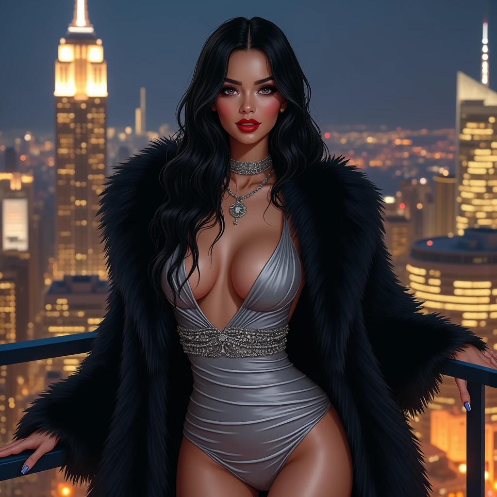 ((seductive pose)) ((tall and beautiful egyptian supermodel)) ((dark eyeshadows make up)) ((tanned skin, tan skin)) ((pretty wide smile)) ((big bright hazel eyes)) ((red lips)) ((long straight black hair)) ((big breasts:1.5)) ((slender body:1.3)) ((wear black strapless thong lingerie, stocking, garterbelt, fluffy ming coat)) ((dubai penthouse balcony)) (()) ((skyscrappers city view at night)) ((high definition:1.5)) ((masterpiece:1.5)) ((8k:1.5)) ((Best quality:1.4)), more_details:-1, more_details:0, more_details:0.5, more_details:1, more_details:1.5,