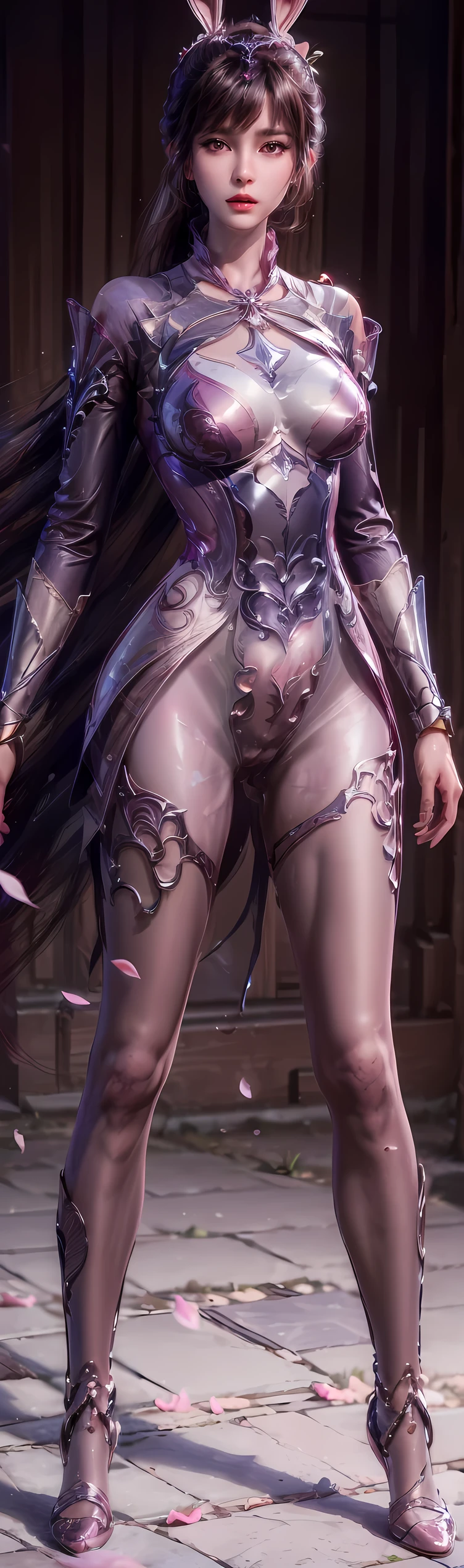((top quality, 8k, masterpiece: 1.3)), DLDLxiaowu, AgainXiaowu, Solo, brunette hair, brunette hair, breasts, open eyes, split sleeves, skinny, transparent, pink, dress, transparent panties, pink, twisted braid, long braid, jewelry, gold accessories, gorgeous accessories, complex, delicate lips, long hair, medium breasts, outdoor, closed lips, petals, peach blossoms, rabbit ears, pink rabbit ears, (slender figure: 1.2), dark brown hair, (outdoor, shirt, shorts: 1.1), ultra detailed face, detailed lips, detailed eyes, double eyelids, (huge breasts: 1.2), (huge pregnant:1.3), ((white pantyhose:1.4)), (((natural pose)))