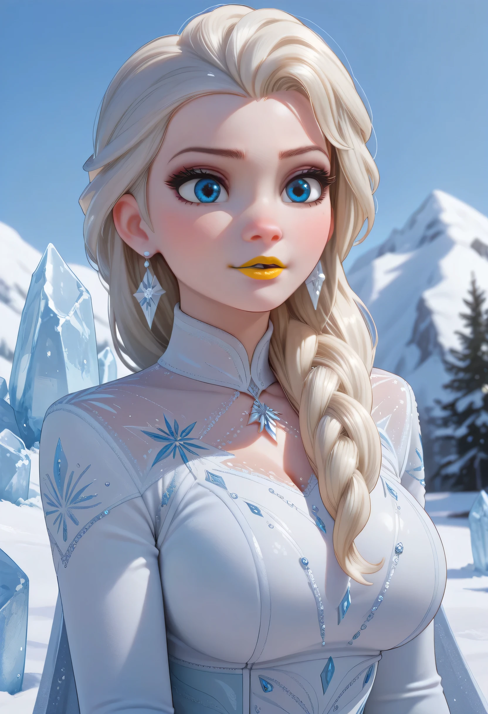 woman, big breasts, yellow lipstick, anime style, white hair, blue eyes, white skin, snow, ice, Elsa