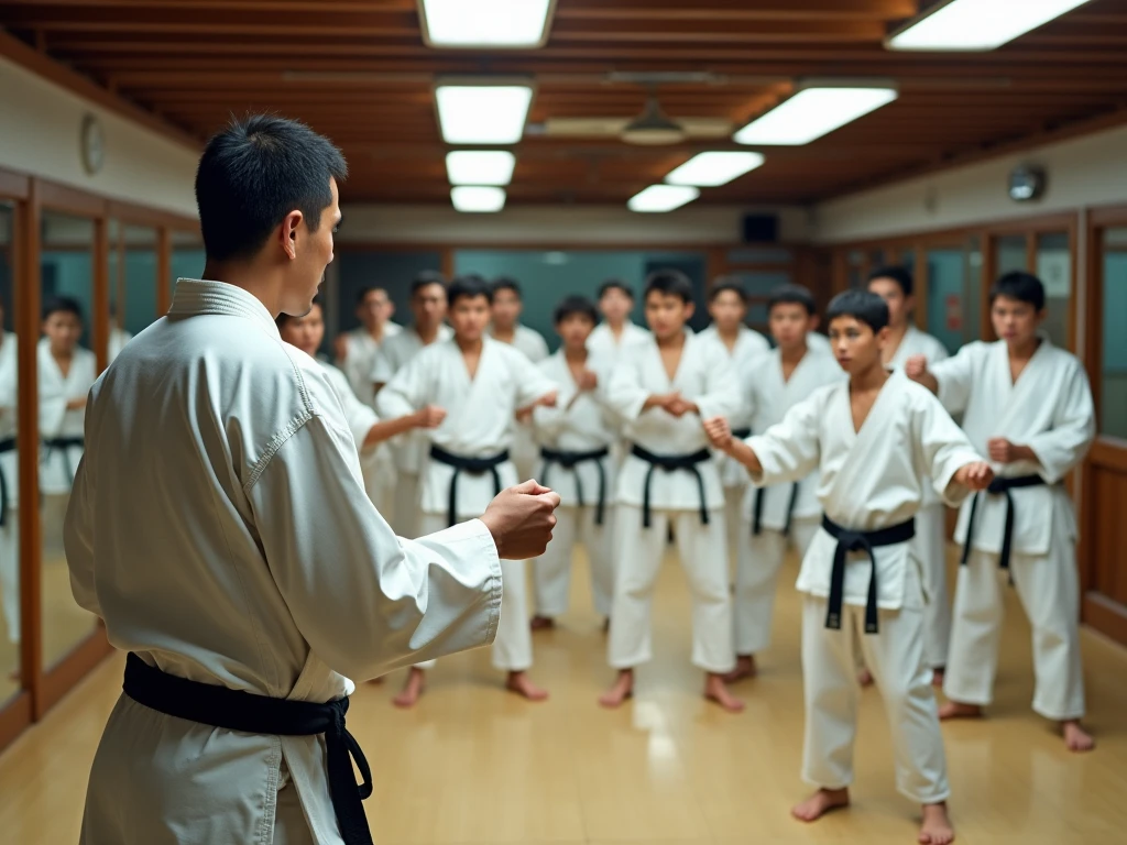 photorealistic ,( scene of practice at Kyokushin karate dojo ),( narrow indoor dojo with mirrors on all sides ),( man with a black belt wearing Shihan's karate suit holds his waist low and punches a square fist),(１０ karate student boy making a voice saying 　 girl faces Shihan and punches a square fist ),(Photographing Shihan's back),(Everyone 　Hah！It's making a voice saying),