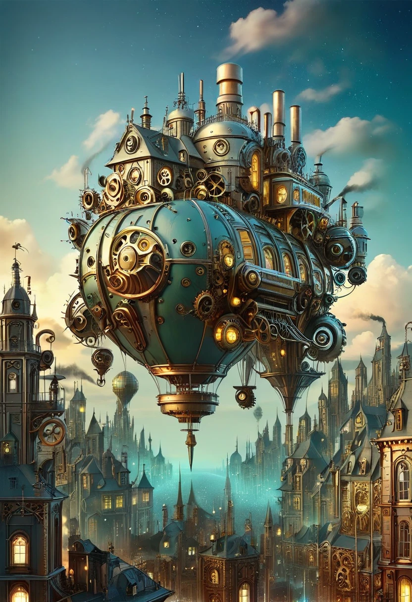 Exquisite and detailed city floating in the sky, summer sunset, steampunk design with starry night sky style, demonic apocalypse
