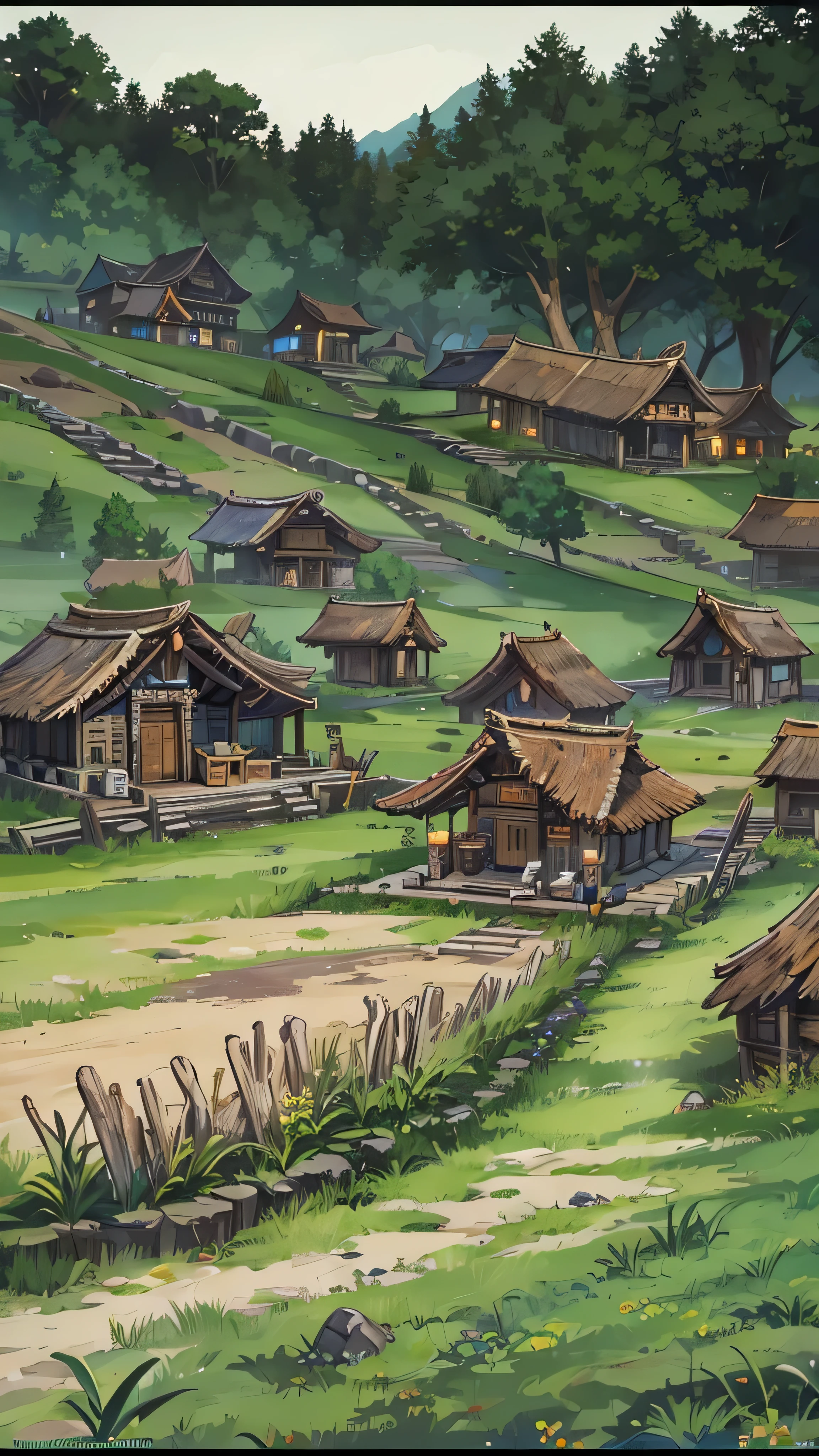 high-definition picture ,nature, open field , high fantasy, Dark fantasy, Some primitive tribal residences、大nature。
