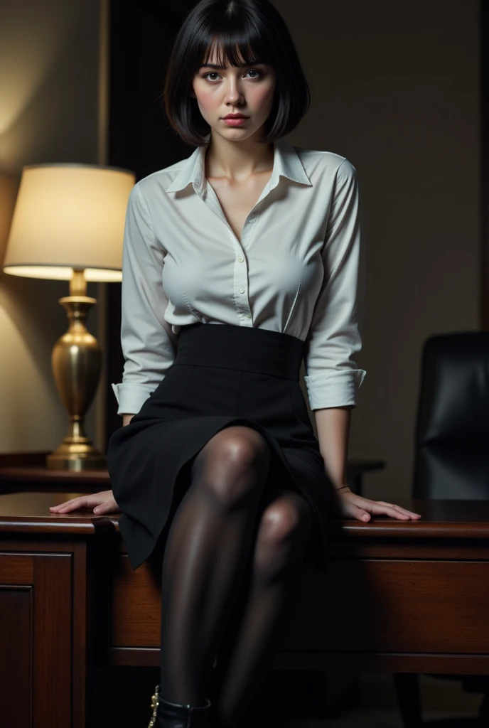 A super realistic photo of one slender business lady, model-like appearance with long hair. She is dressed in a long and black business pencil skirt made from cotton fabric, black business jacket made from cotton and wool fabric. black business vest, white muddy shirt, stockings, black choker on the neck. She located in very muddy office. She sitting in flirtatious and modest pose and smears few very small drops of the ice cream that she spilled on herself onto her clothes. The studio light brilliantly illuminates all her clothes in details, casting small shadows and emphasizing the texture of the chocolate on her clothes. Please focus on stains of liquid ice cream on her clothes. View angle of the camera from top and left from the business lady.