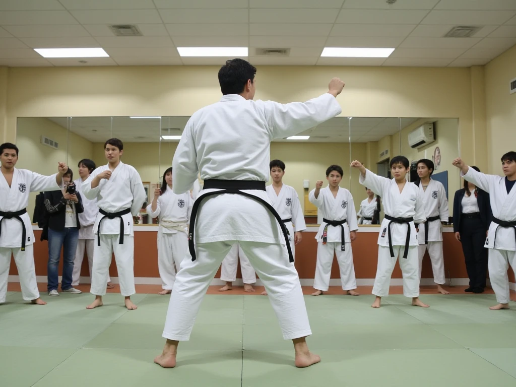 photorealistic ,( scene of practice at Kyokushin karate dojo ),(An indoor dojo with mirrors on all sides),( man with a black belt wearing Shihan's karate suit holds his waist low and punches a square fist),(１０ karate student boy making a voice saying 　 girl faces Shihan and punches a square fist ),(Photographing Shihan's back),(Everyone 　Hah！It's making a voice saying),