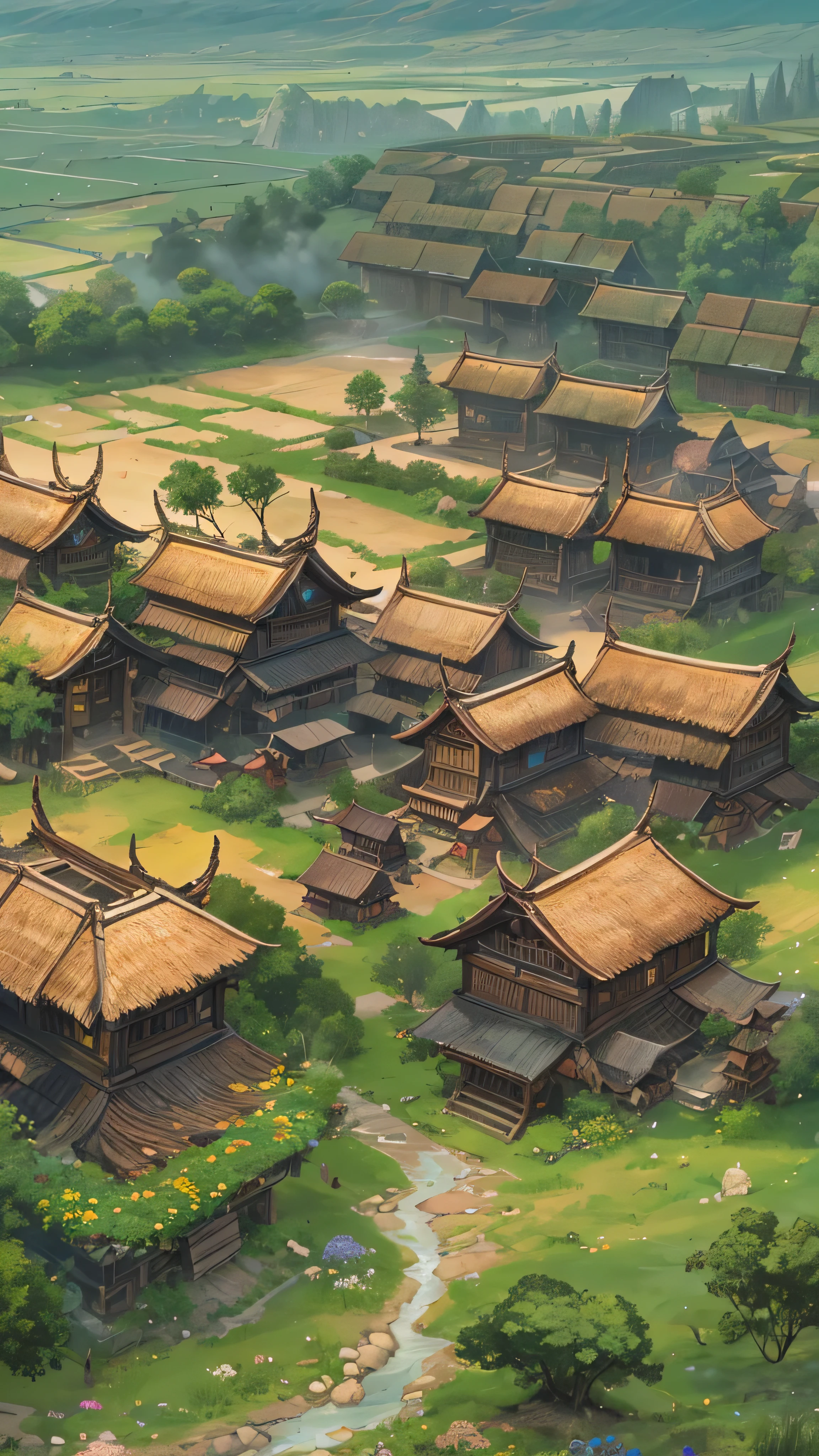 high-definition picture ,nature, open field , Colourful high fantasy, Dark fantasy, Some primitive tribal residences、大nature。