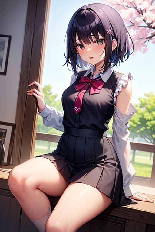 best qualityer，tmasterpiece，（tilt：1.4），
1girll， yuzuriha_（jigokuraku）， Purple hair big breasts， with brown eye， ninjartist， Open clothes，， JK school uniform， adolable, （Speaking heart：1.4）（Be red in the face：1.1）， heart - shaped pupils，full face blush，steamy，sweat leggs，Japanese exterior， Temple，bandagens，the night，
