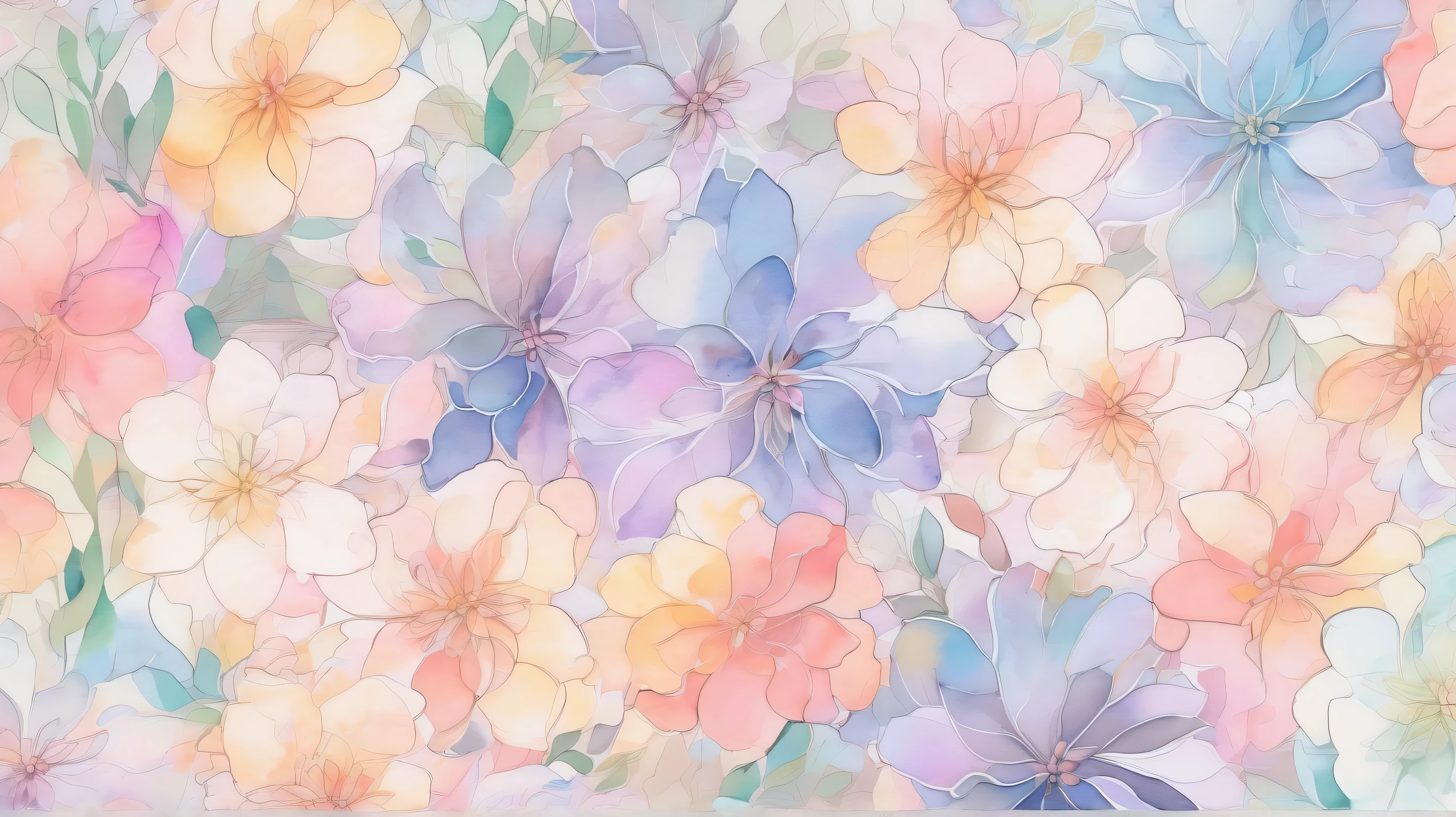 Light watercolor flower pattern 。 with gentle pastel colors at the center 、 transparent light tones spread 。 background has a soft gradient。a lot of small flowers、 bleeding outlines 。 with a soft and delicate atmosphere throughout 、 gentle and dreamy art style。