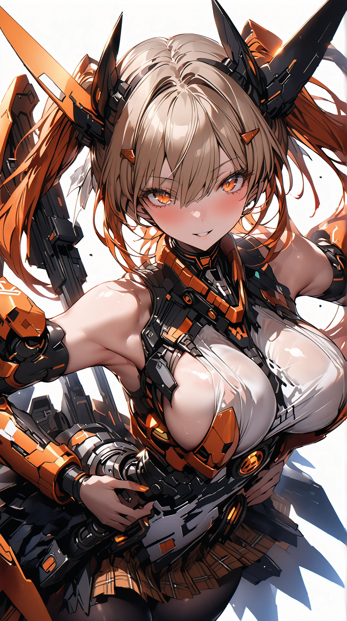 (Highest quality),Smiling girl in a revealing see-through mechanical micro bikini in yellow and orange with shiny wet skin,Gal-like ponytail,Fully transparent glass texture micro bikini armor,水色ライトの透明なMechanical Armor,(Highest quality),(8k),Mechanical Armor,Show all,(Thinly visible genitals),Accentuated breasts,Mechanical firearms equipment,Eyebrows rise,Bullish expression,Blonde,Don't blush,Laugh with your mouth closed,Standing on a white floor,White background,(Show the whole body),View your viewers