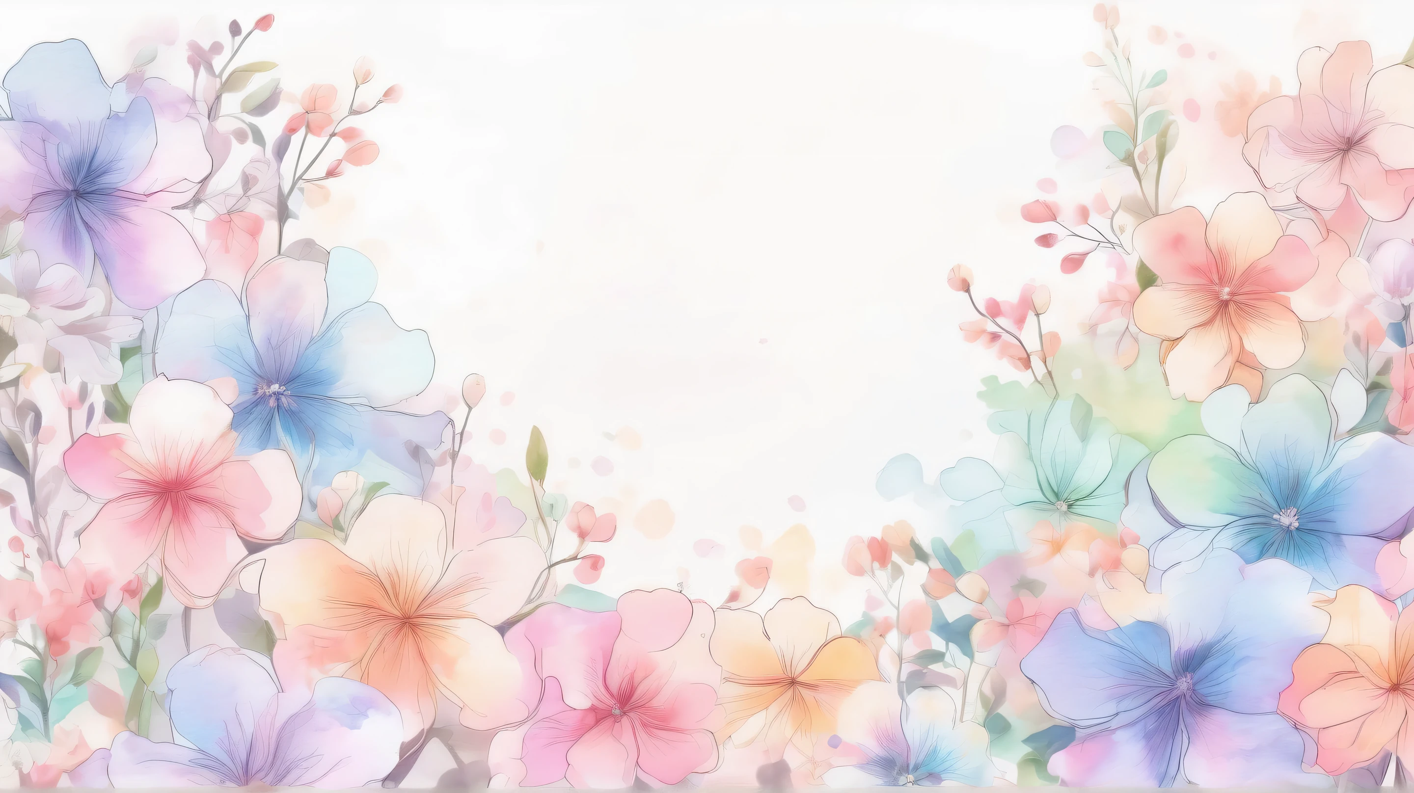 Light watercolor flower pattern 。 with gentle pastel colors at the center 、 transparent light tones spread 。 background has a soft gradient。a lot of small flowers、 bleeding outlines 。 with a soft and delicate atmosphere throughout 、 gentle and dreamy art style。