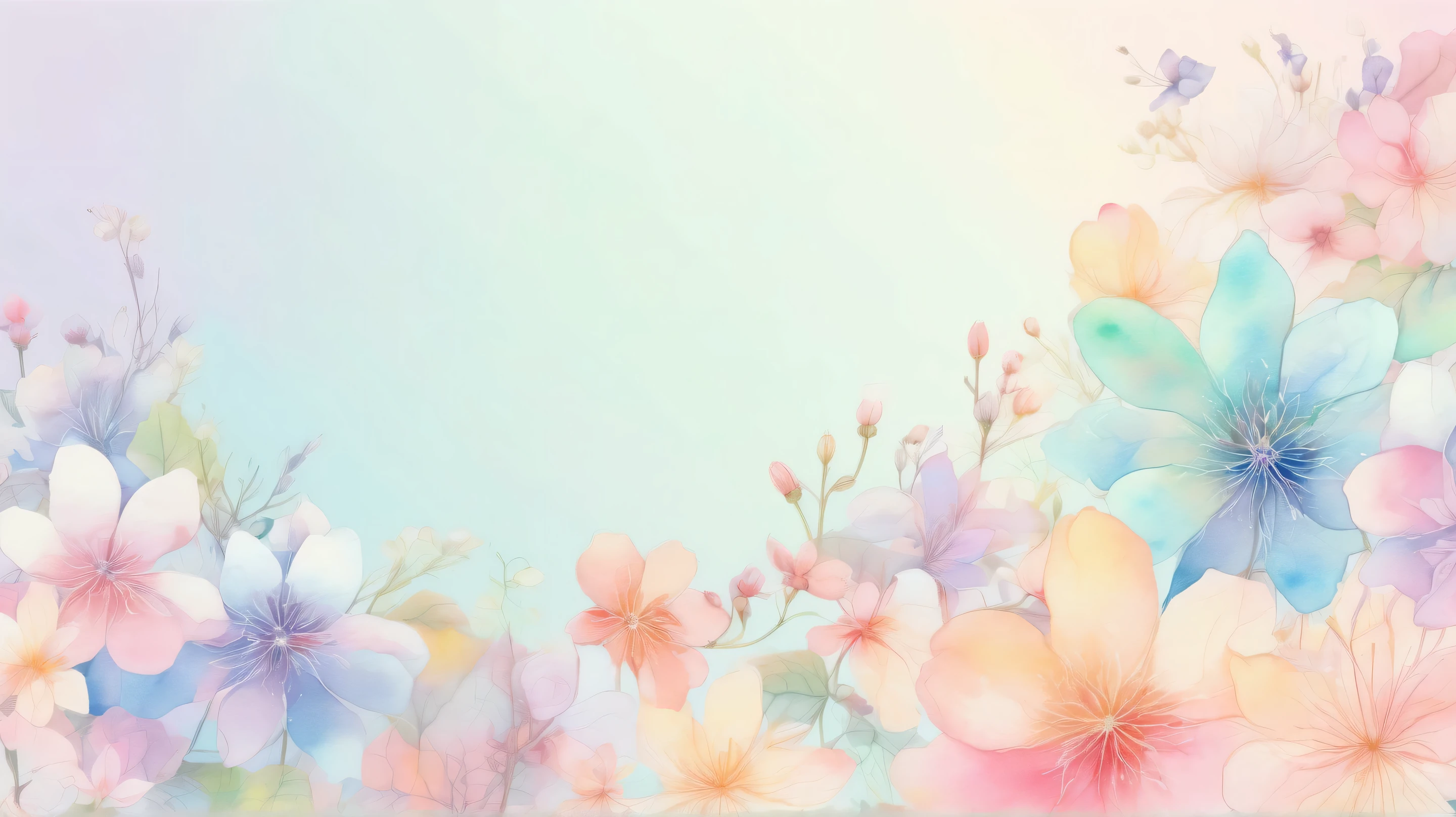 Light watercolor flower pattern 。 with gentle pastel colors at the center 、 transparent light tones spread 。 background has a soft gradient。a lot of small flowers、 bleeding outlines 。 with a soft and delicate atmosphere throughout 、 gentle and dreamy art style。