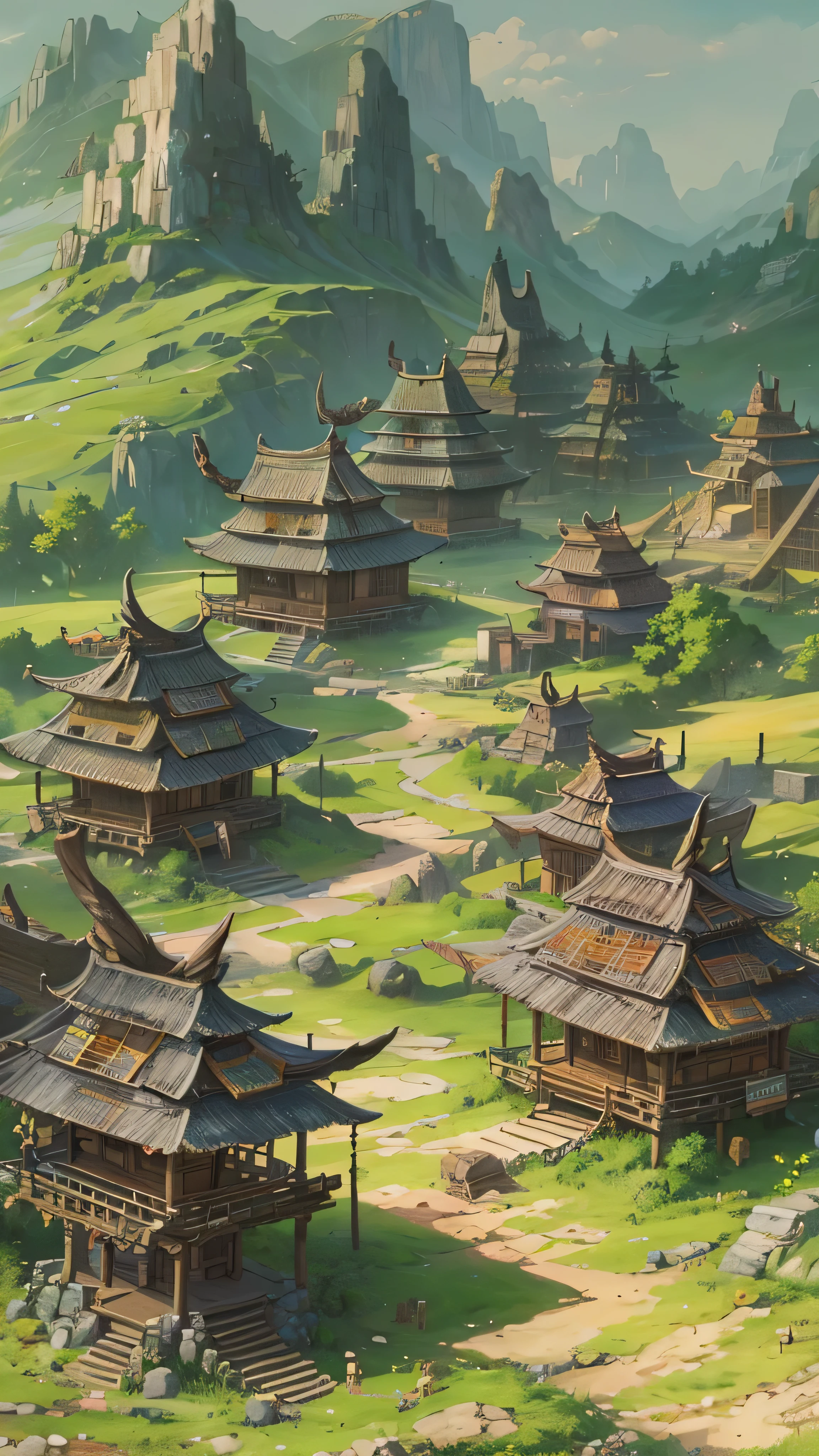 high-definition picture ,nature, open field , Colourful high fantasy, Dark fantasy, Some primitive tribal residences、大nature。