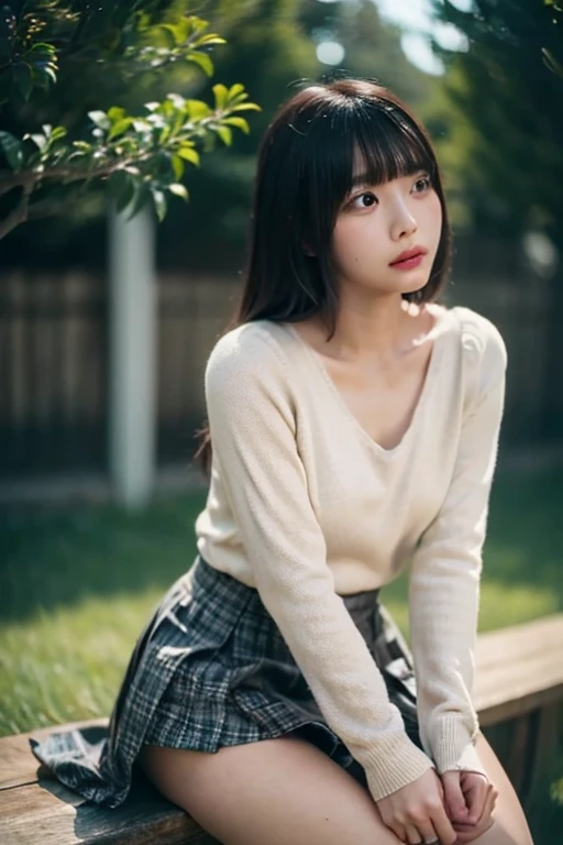 8k,  best quality , live-action,  intricate detail ,  ultra detail , ウルトラ High Resolution ,  depth field,(photo realistic, realistic:1.2),Masterpiece,4K, High Resolution ,  best quality ,  from the side 1 girl , ( very beautiful face ), Japanese , Fine Skin , ( cinematic lighting blowing in the wind), clavicle,  Soft Writing ,  dynamic poses, [:( detailed face :1.2):], slender,  Pointy Brests ,backlit,  lipstick,  medium haired, full body,  skirt ,  sweater  ,  cross legs,  panties, Panties with lots of frills