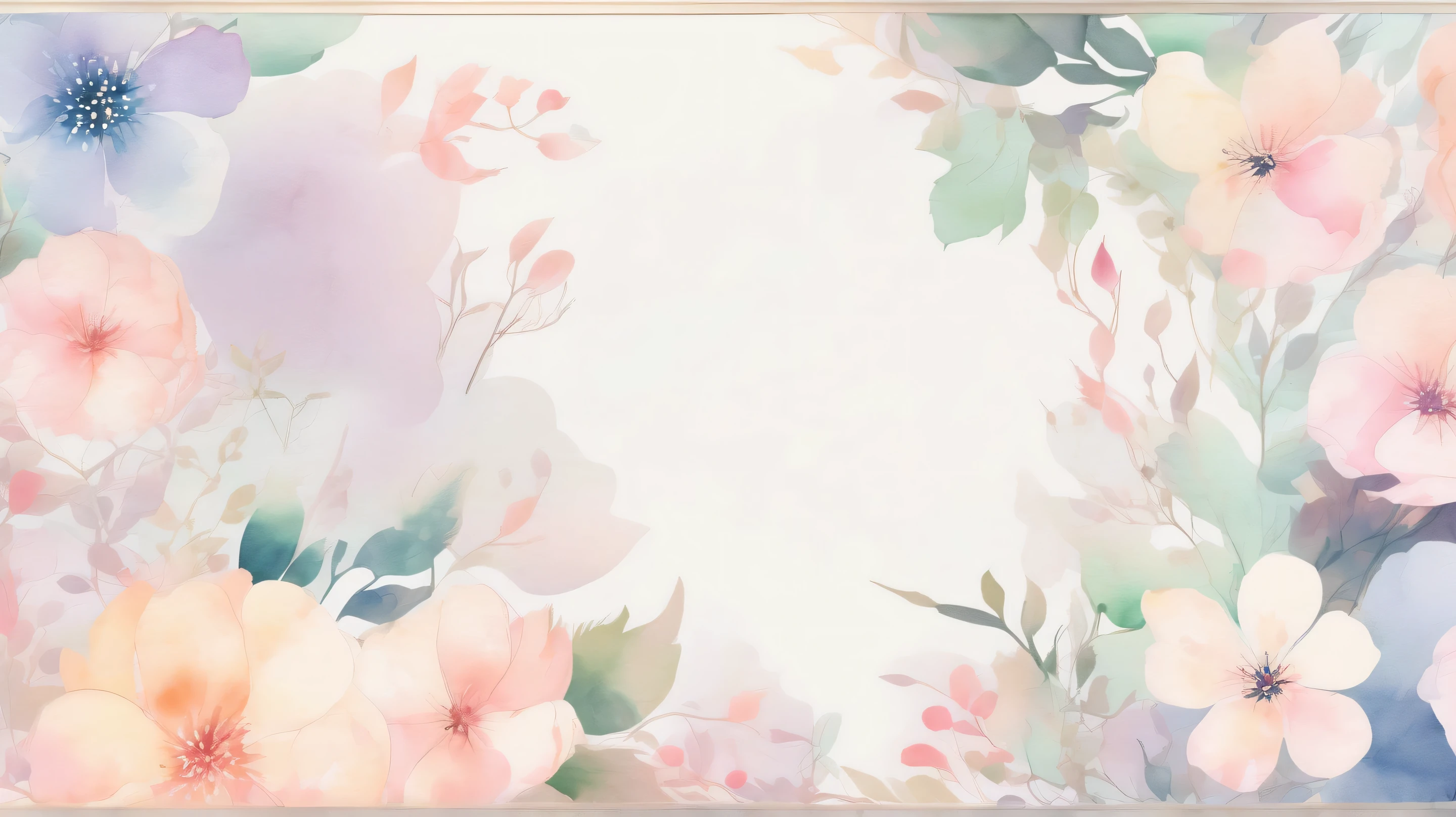 Light watercolor flower pattern 。 with gentle pastel colors at the center 、 transparent light tones spread 。 background has a soft gradient。a lot of small flowers、 bleeding outlines 。 with a soft and delicate atmosphere throughout 、 gentle and dreamy art style。