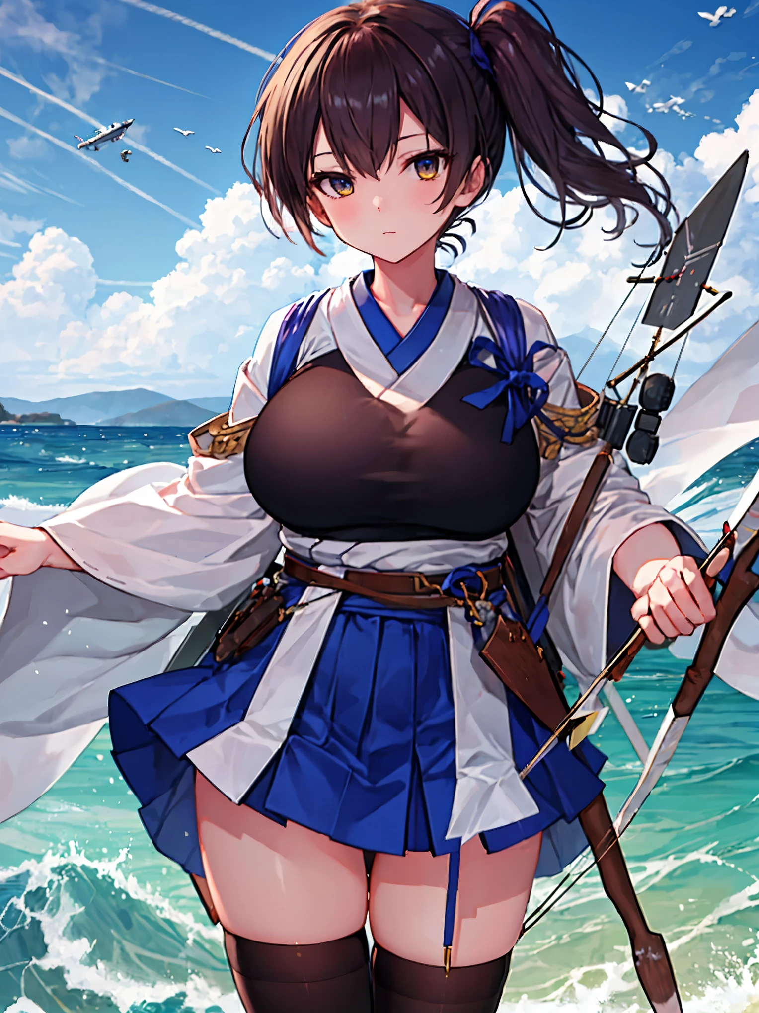 Kaga(Fleet Collection),highest quality, masterpiece, High resolution,kimono,blue skirt,side ponytail,big_breasts,solo,Japanese_bow&arrow,dynamic_posing,half_eyes,solo,plump,sea_landscape_background,waves